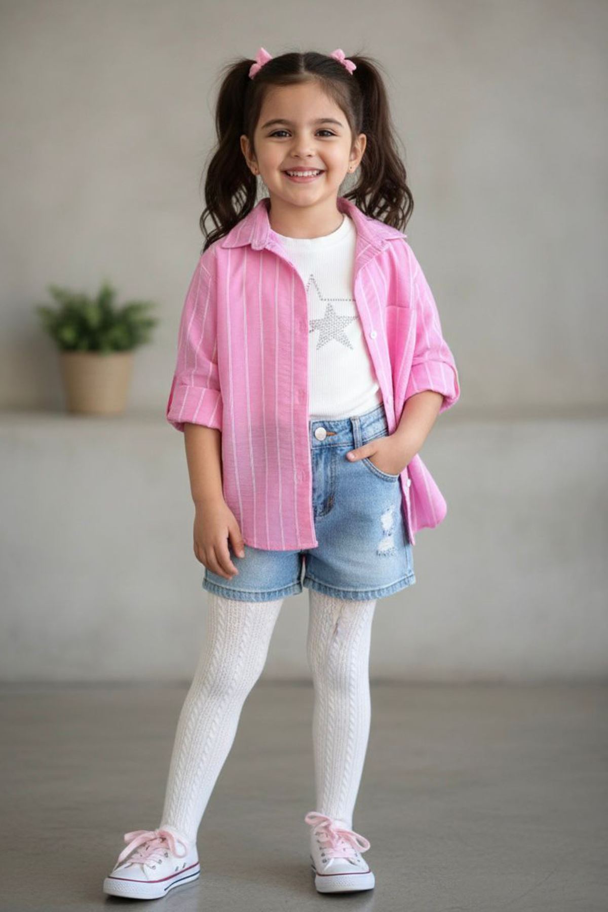 Miniğimin Cicileri Yıldız Detaylı Badi ve Çizgili Kız Çocuk Gömlek - Pembe