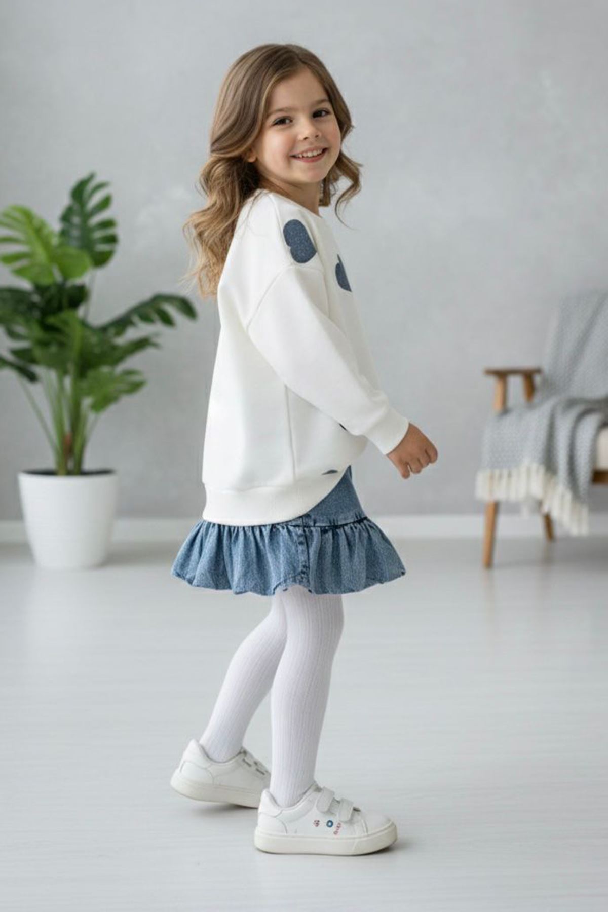 Miniğimin Cicileri Kalp Simli Baskılı Sweat Kot Etekli 2 li Takım -Mavi