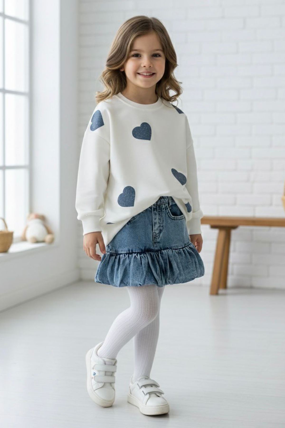 Miniğimin Cicileri Kalp Simli Baskılı Sweat Kot Etekli 2 li Takım -Mavi