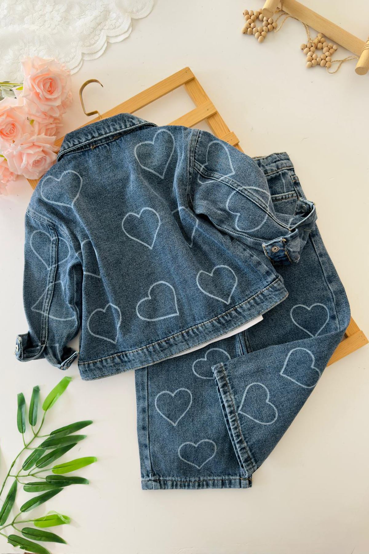 Miniğimin Cicileri Kalp Forever Baskılı Kız Çocuk 3 lü Kot Takım -Mavi