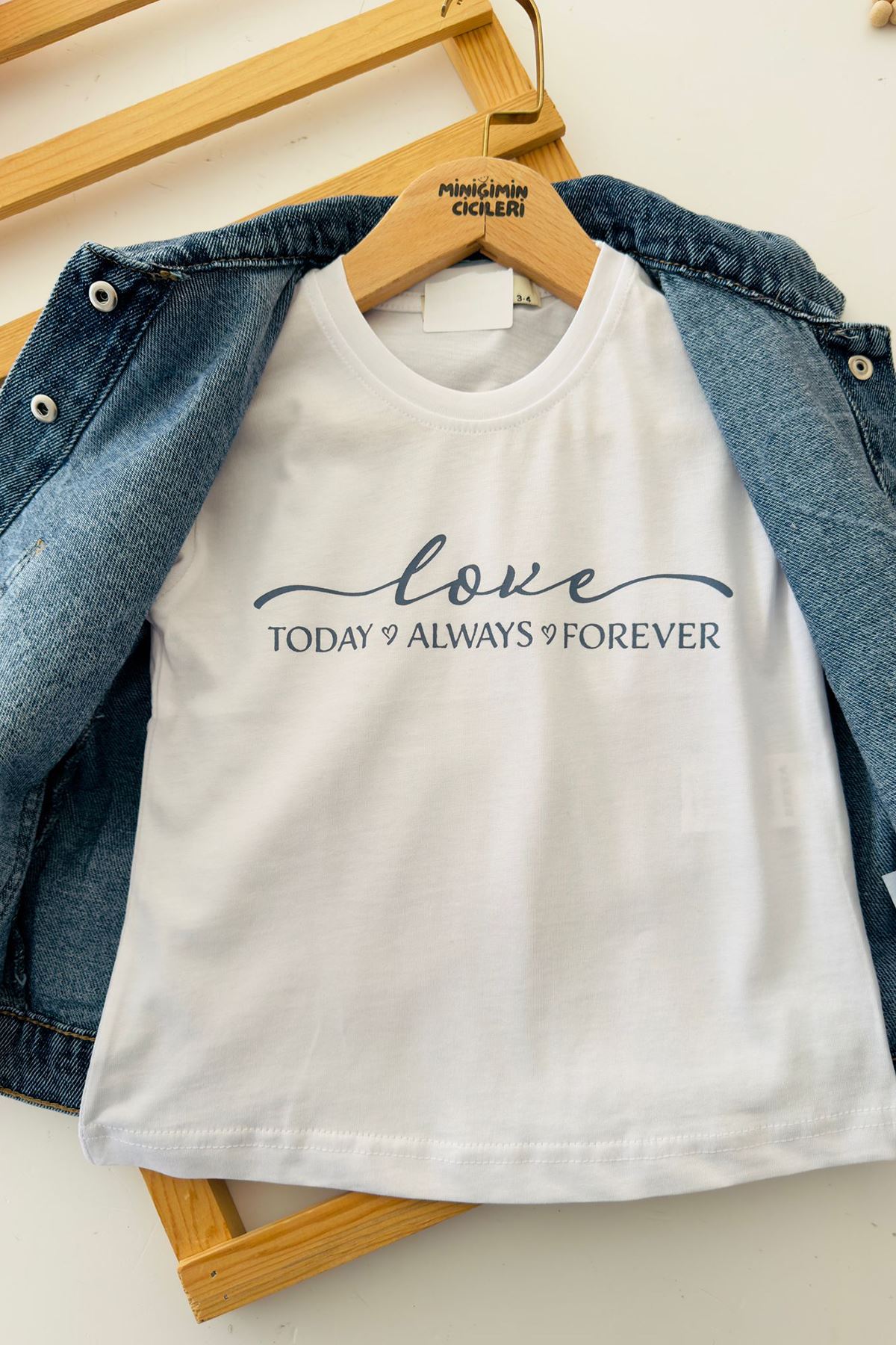 Miniğimin Cicileri Kalp Forever Baskılı Kız Çocuk 3 lü Kot Takım -Mavi