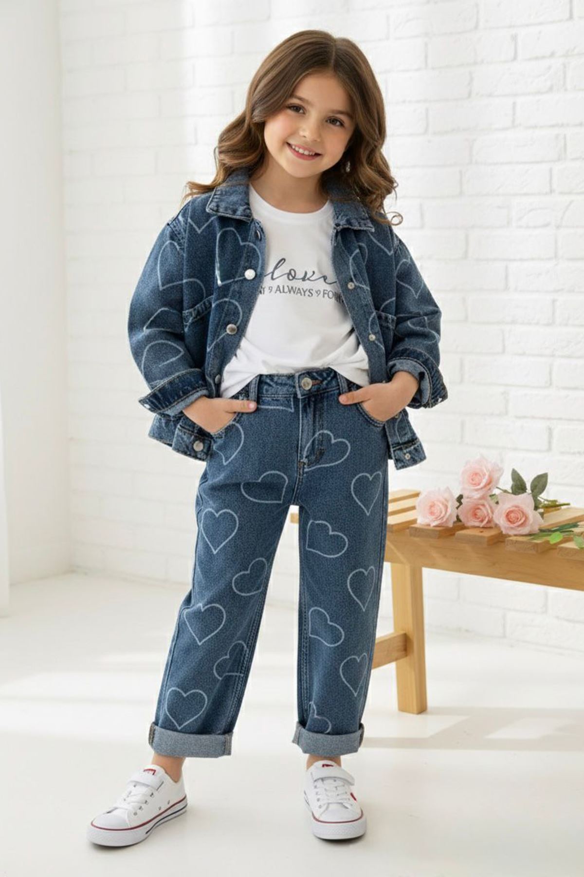 Miniğimin Cicileri Kalp Forever Baskılı Kız Çocuk 3 lü Kot Takım -Mavi