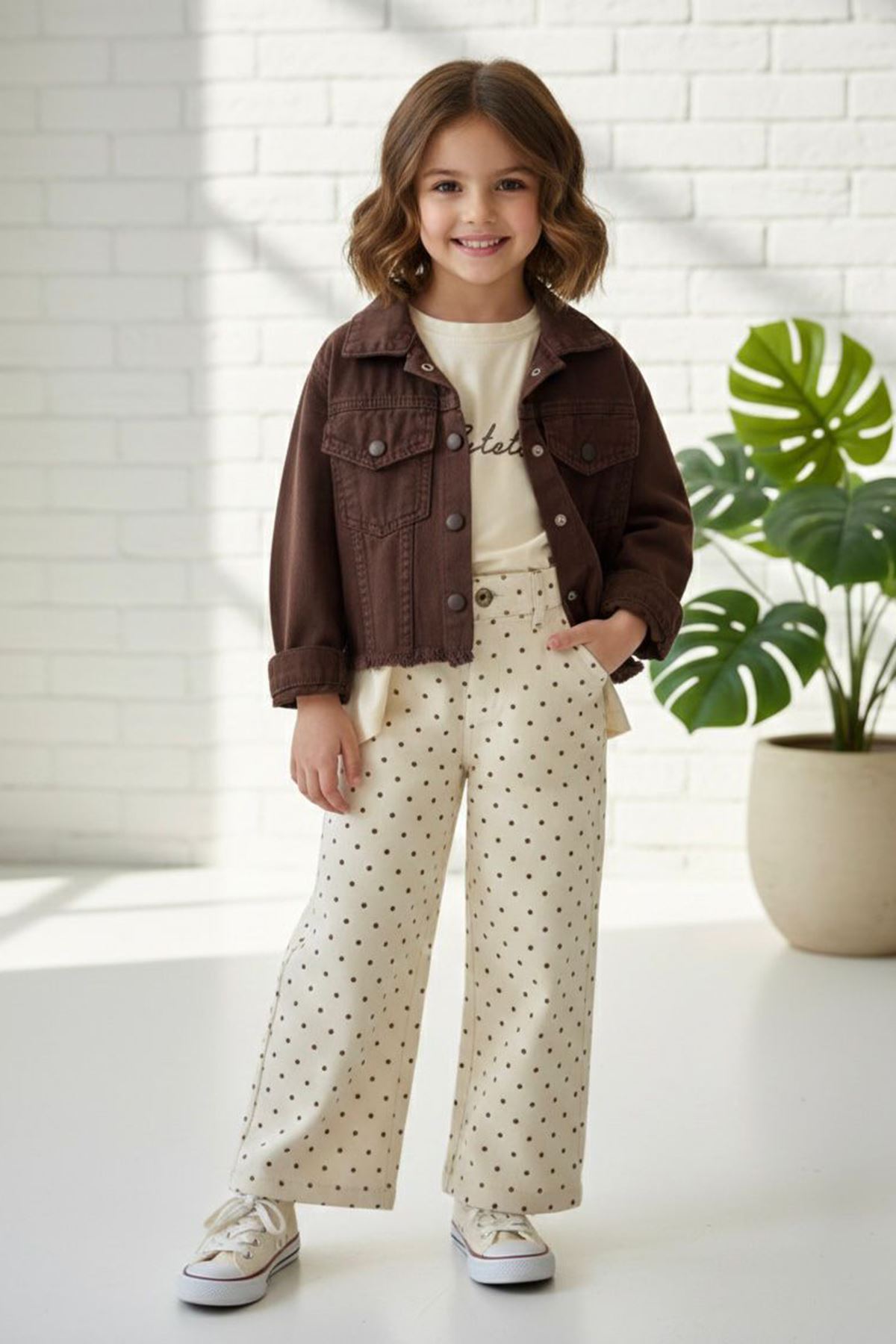 Miniğimin Cicileri Puantiye Baskılı  Kız Çocuk 3 lü Pamuklu Kot Takım - Kahverengi