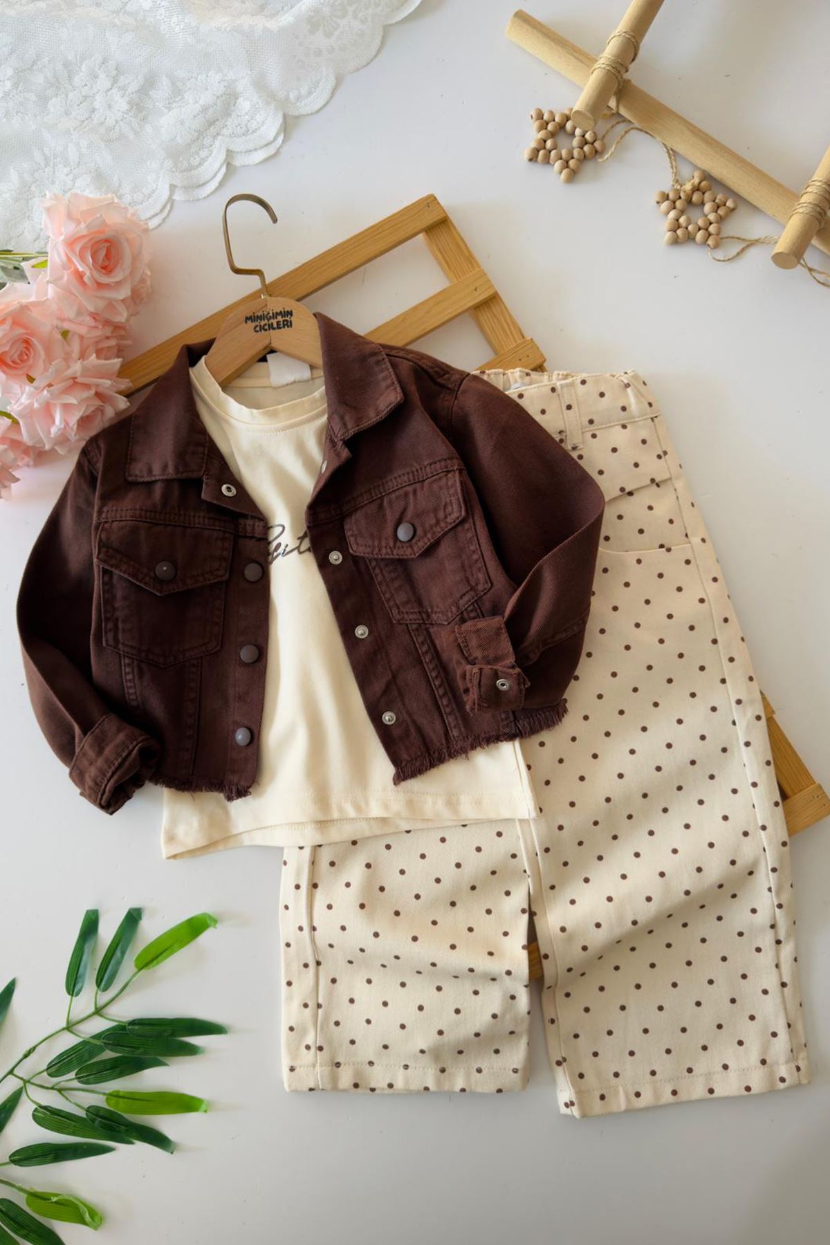Miniğimin Cicileri Puantiye Baskılı  Kız Çocuk 3 lü Pamuklu Kot Takım - Kahverengi