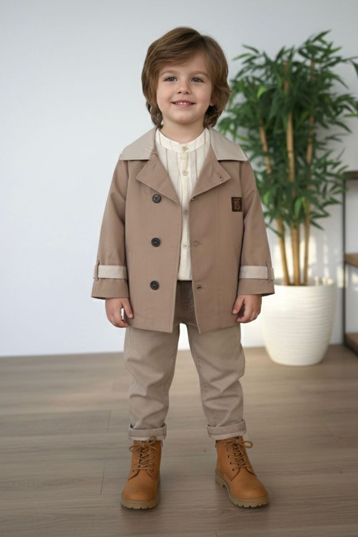 Miniğimin Cicileri Premium Düğmeli Trenç Ceketli Erkek Çocuk Takım - Camel