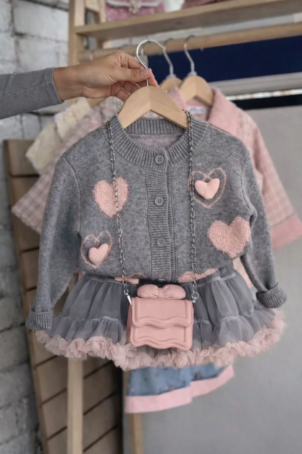 Miniğimin Cicileri Kalp Detaylı Tül Etekli Kız Çocuk 3 lü Takım - Somon