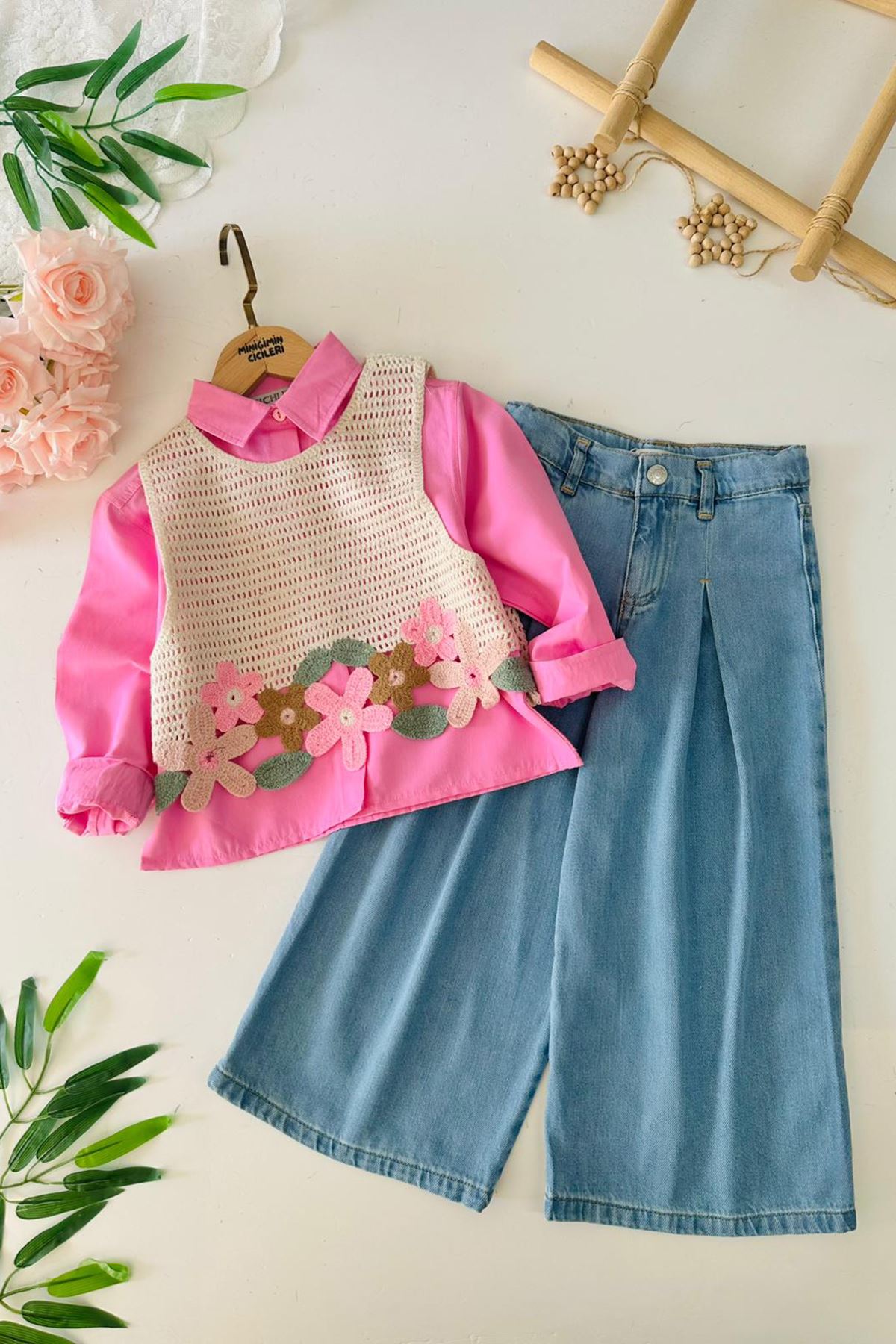 Miniğimin Cicileri Papatya Örgü Detaylı Kız Çocuk Gömlekli 3 lü Takım - Pembe