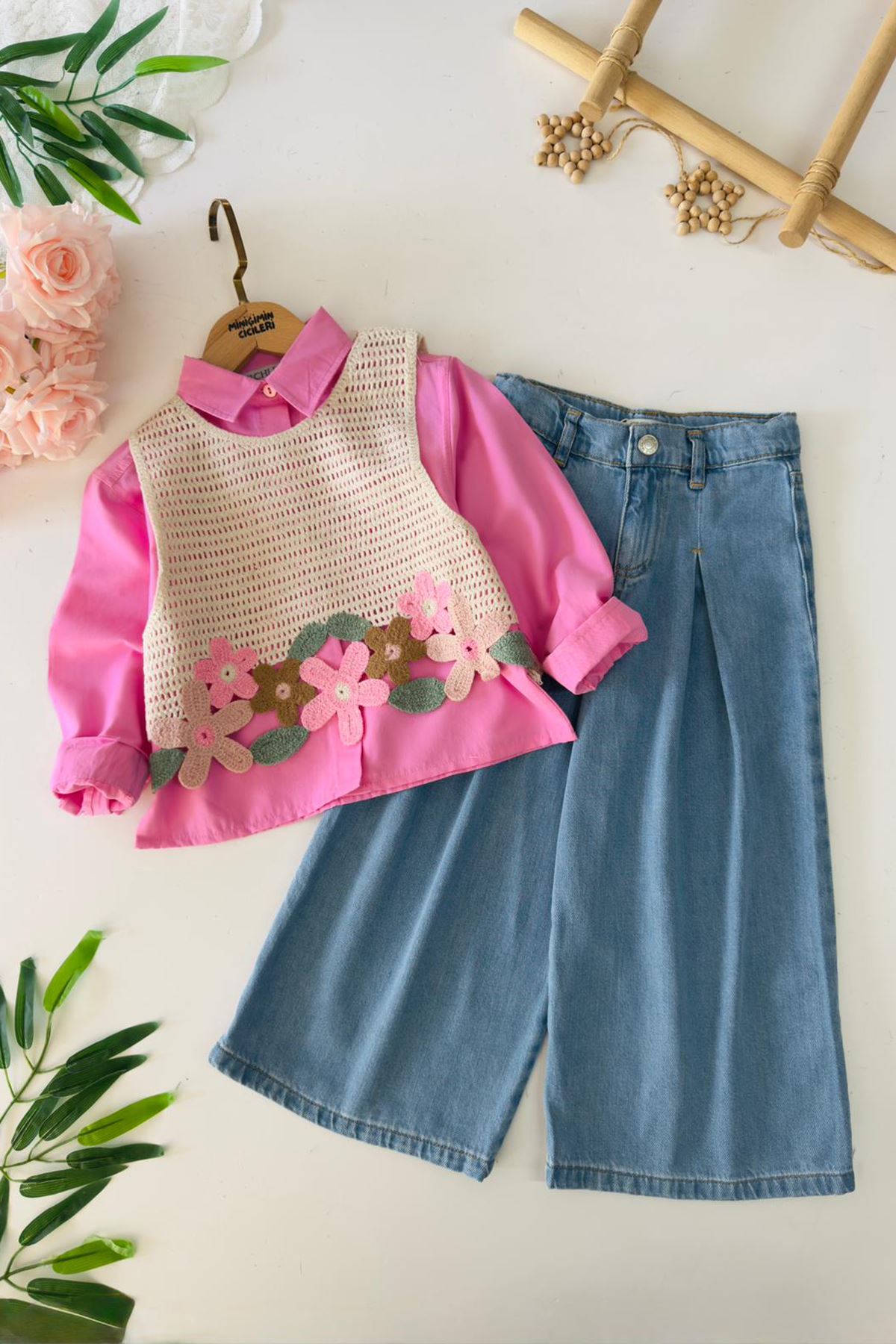 Miniğimin Cicileri Papatya Örgü Detaylı Kız Çocuk Gömlekli 3 lü Takım - Pembe
