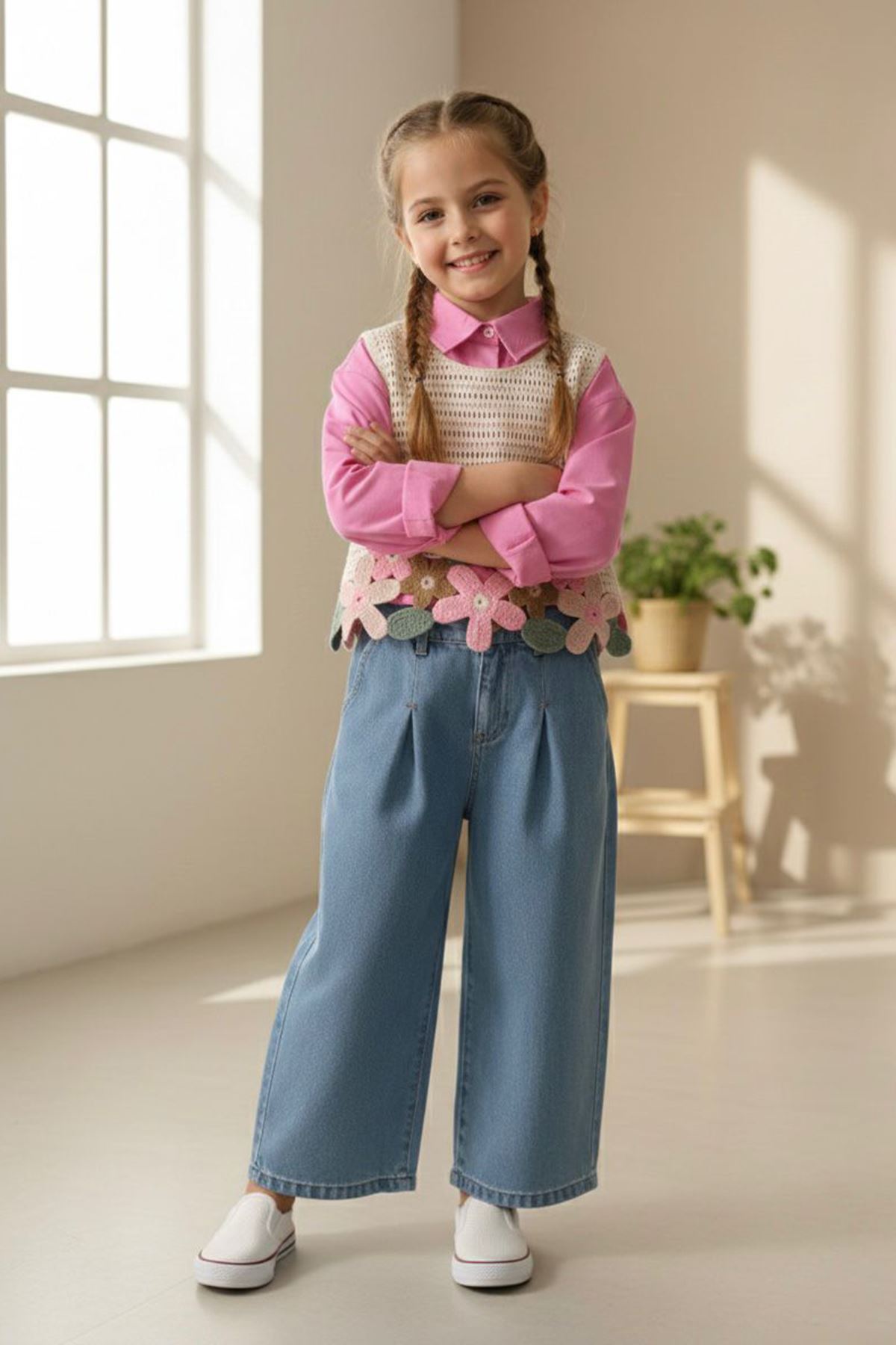 Miniğimin Cicileri Papatya Örgü Detaylı Kız Çocuk Gömlekli 3 lü Takım - Pembe