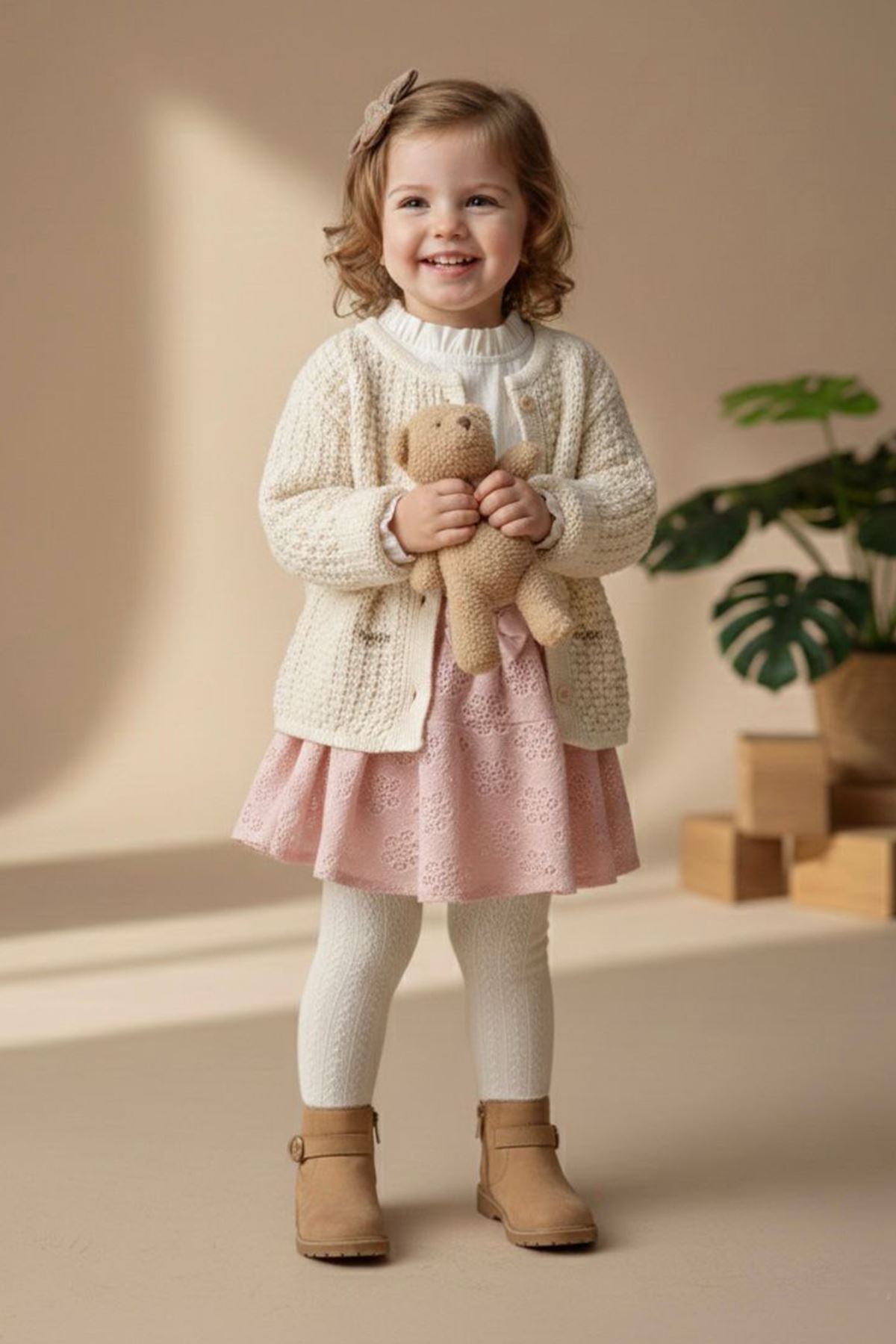 Miniğimin Cicileri Fiyonk Detaylı Triko Hırkalı Dantel Etekli Kız Bebek 4 lü Takım - Pudra