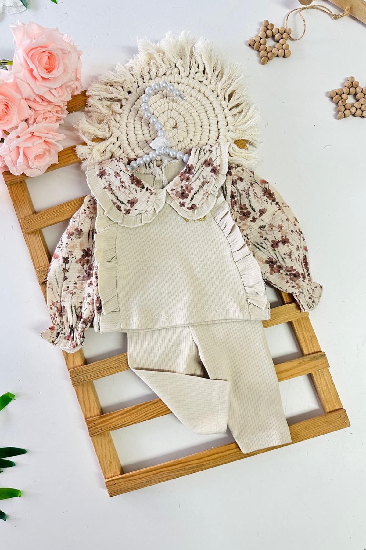 Miniğimin Cicileri Yaka Kol Gül Desenli Kız Bebek 2 li Takım - Krem