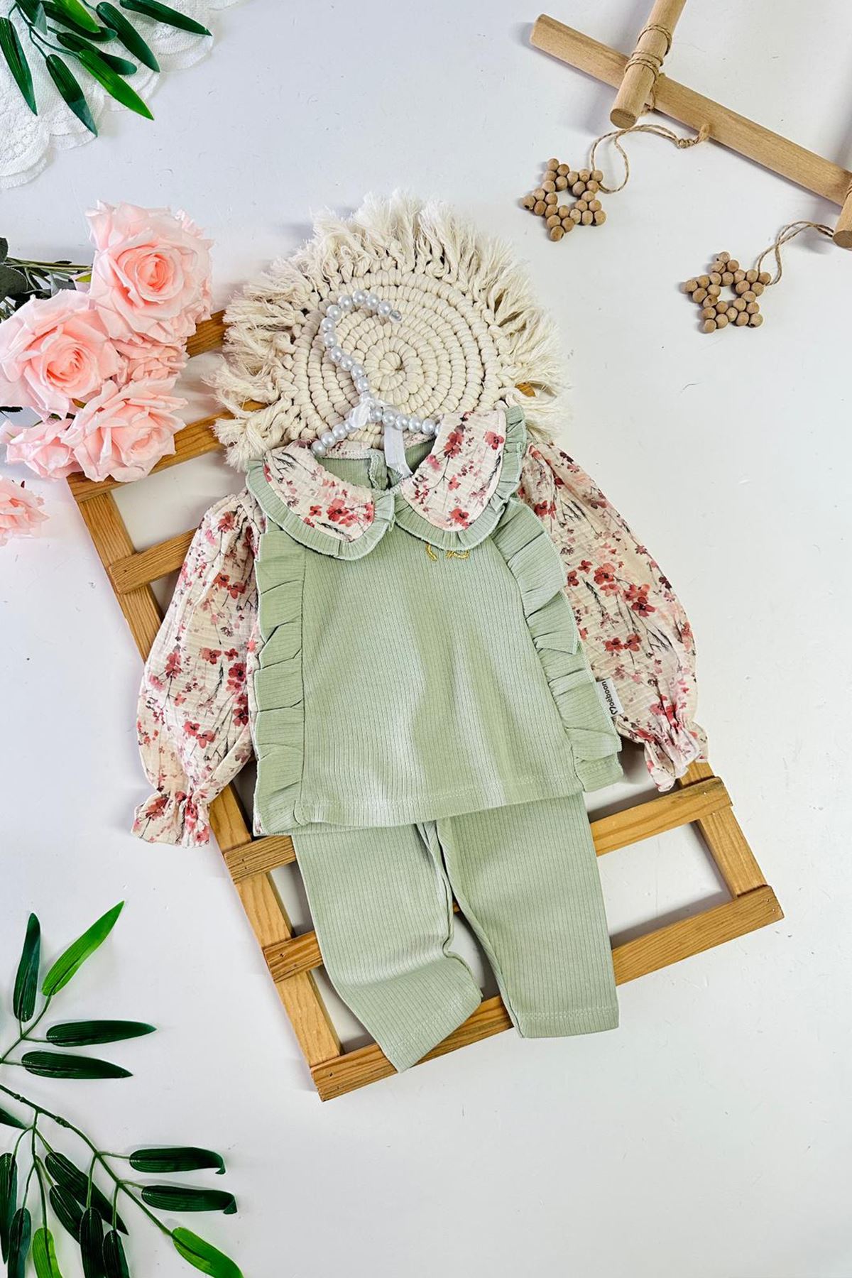 Miniğimin Cicileri Yaka Kol Gül Desenli Kız Bebek 2 li Takım - Yeşil