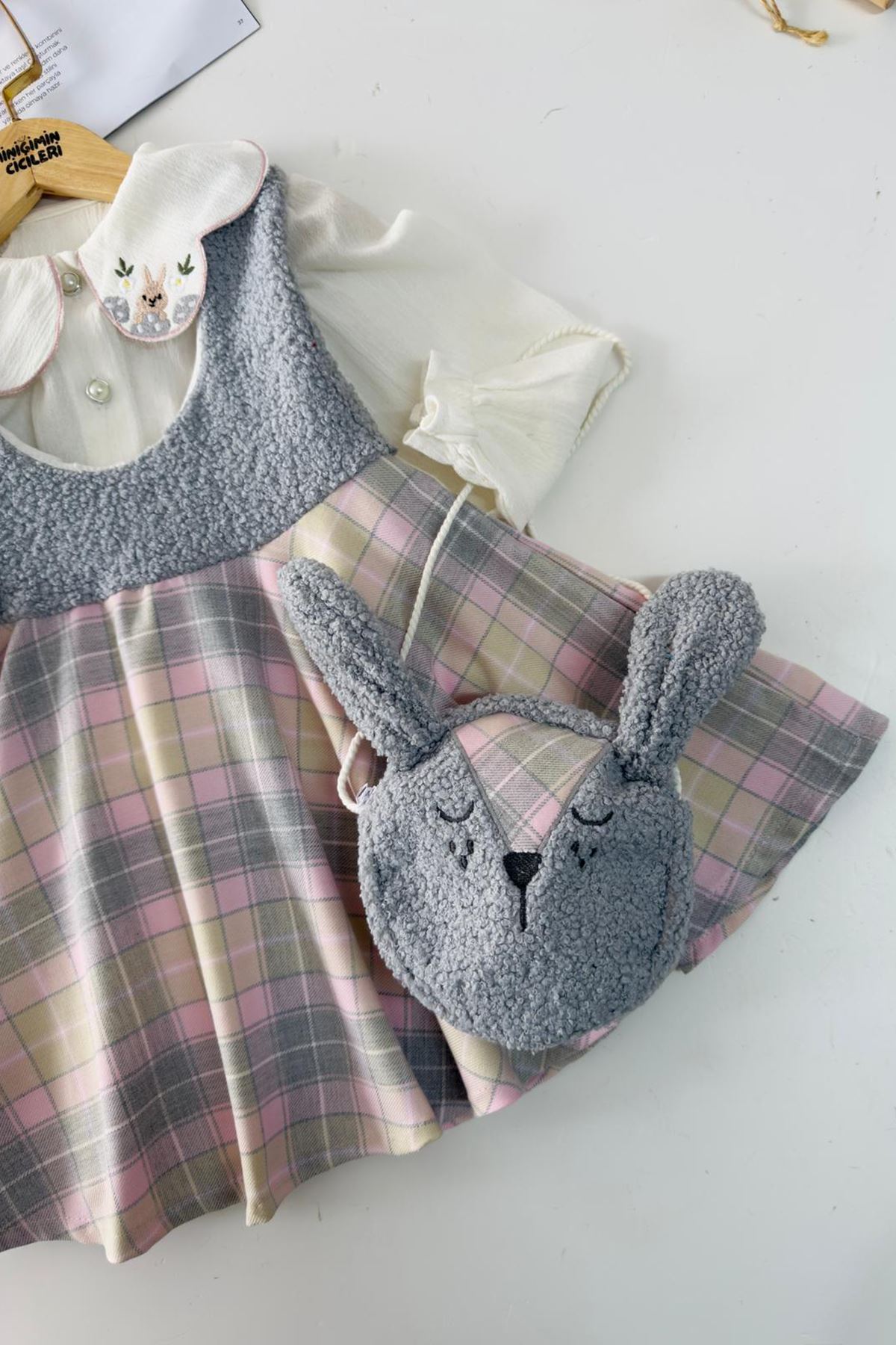 Miniğimin Cicileri Ekose Detaylı Elbise Yaka İşleme Detaylı Gömlekli Kız Çocuk 3 lü Takım - Gri
