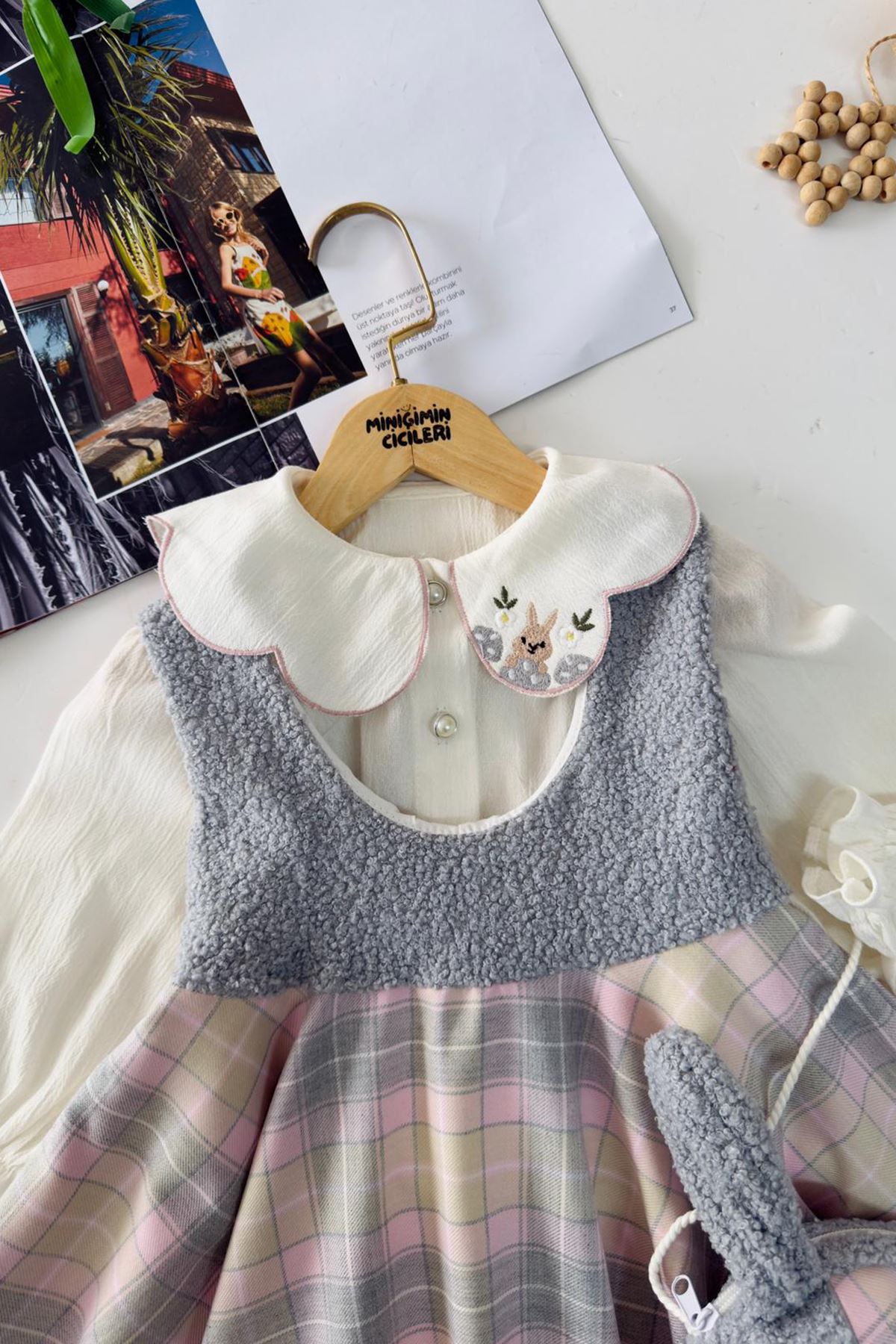 Miniğimin Cicileri Ekose Detaylı Elbise Yaka İşleme Detaylı Gömlekli Kız Çocuk 3 lü Takım - Gri