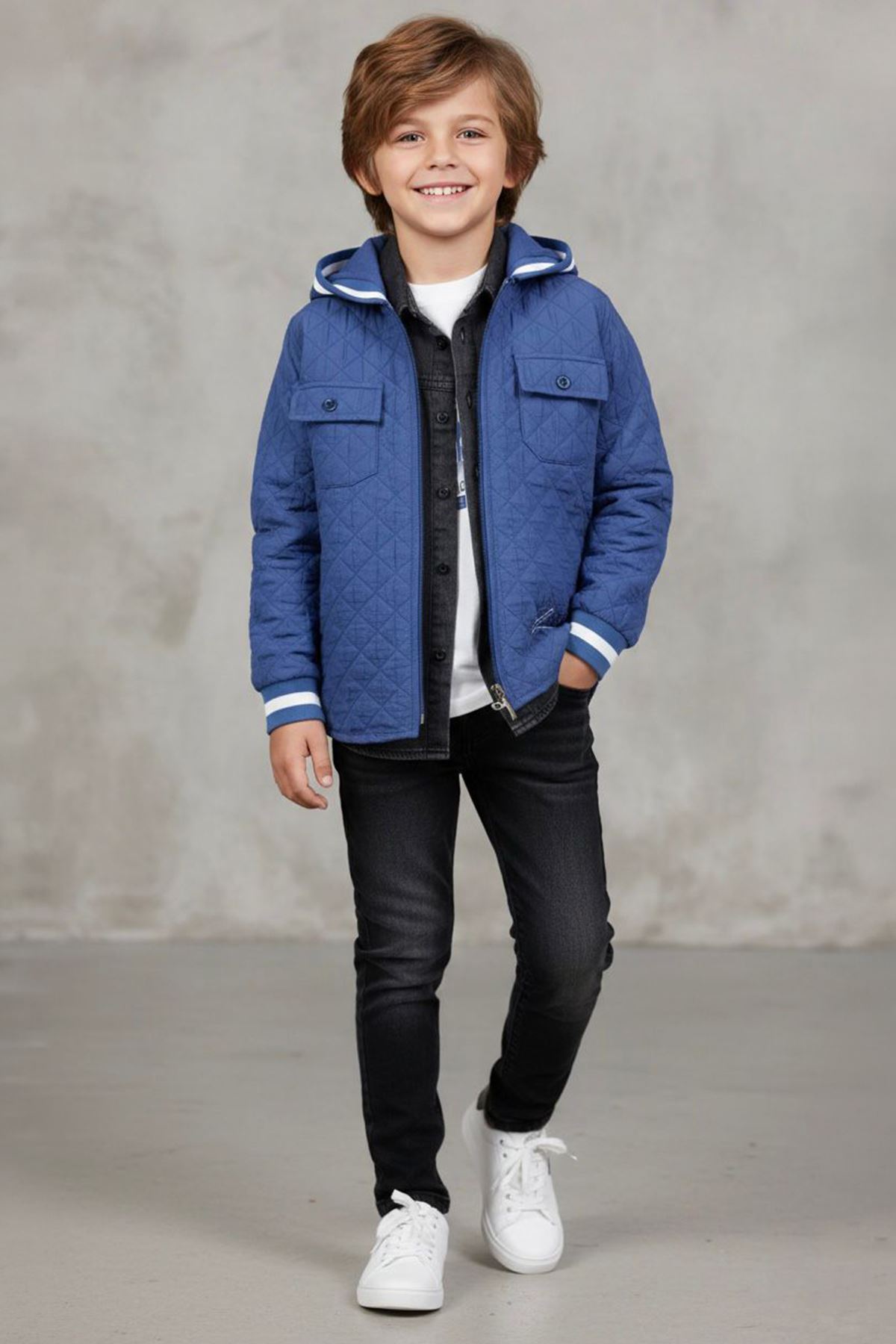 Miniğimin Cicileri (9-12) Kapitone İşlemeli Kapüşonlu Erkek Çocuk 4 lü Takım - Mavi