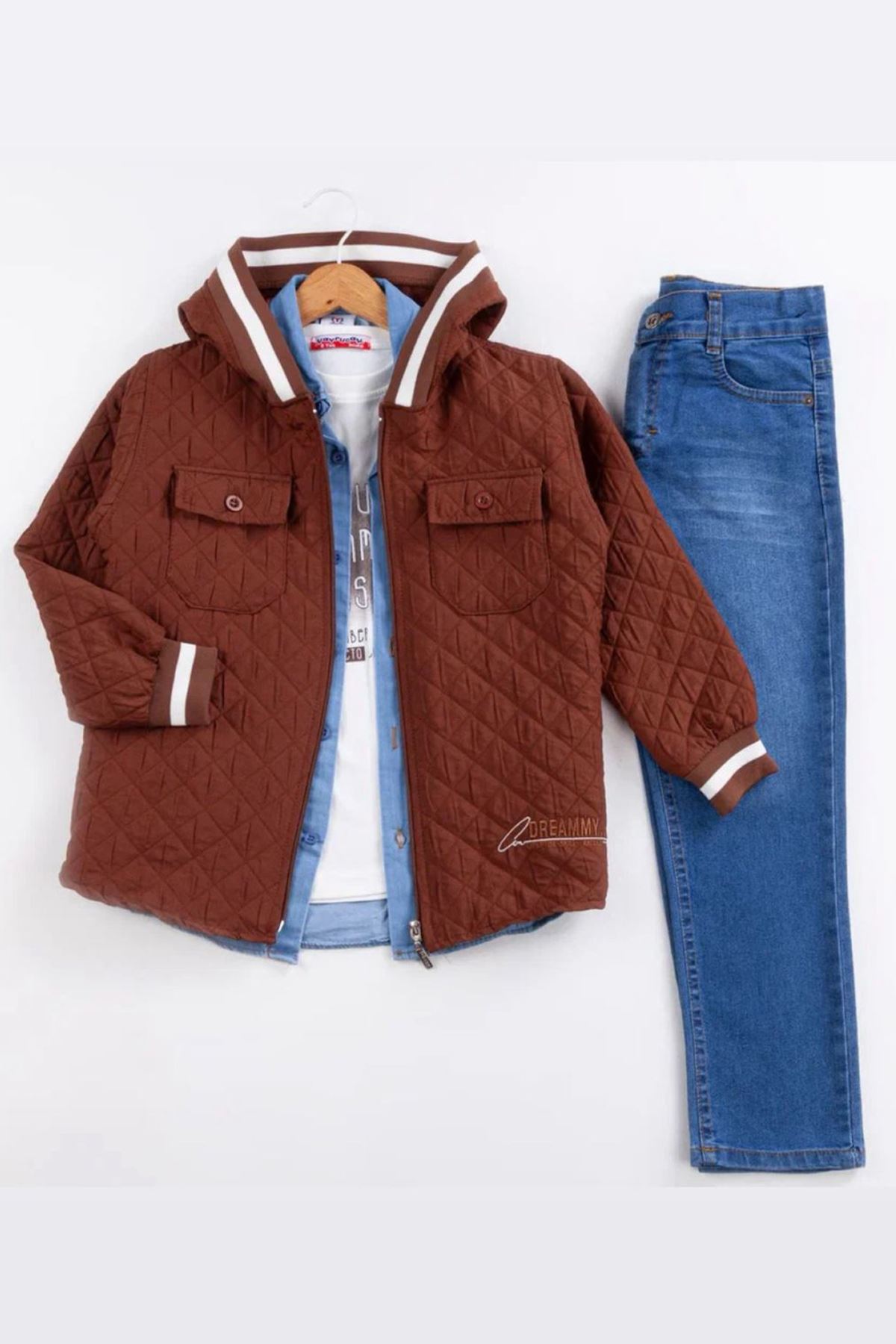 Miniğimin Cicileri (9-12) Kapitone İşlemeli Kapüşonlu Erkek Çocuk 4 lü Takım - Koyu Kahve