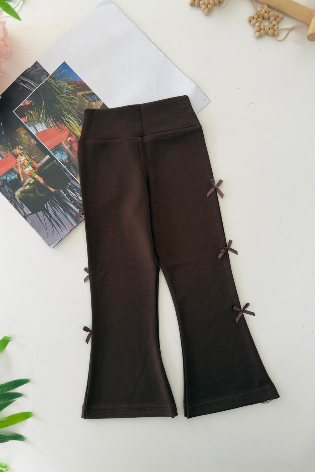 Miniğimin Cicileri Fiyonk Detaylı Kız Çocuk Esnek Tayt - Acı Kahve