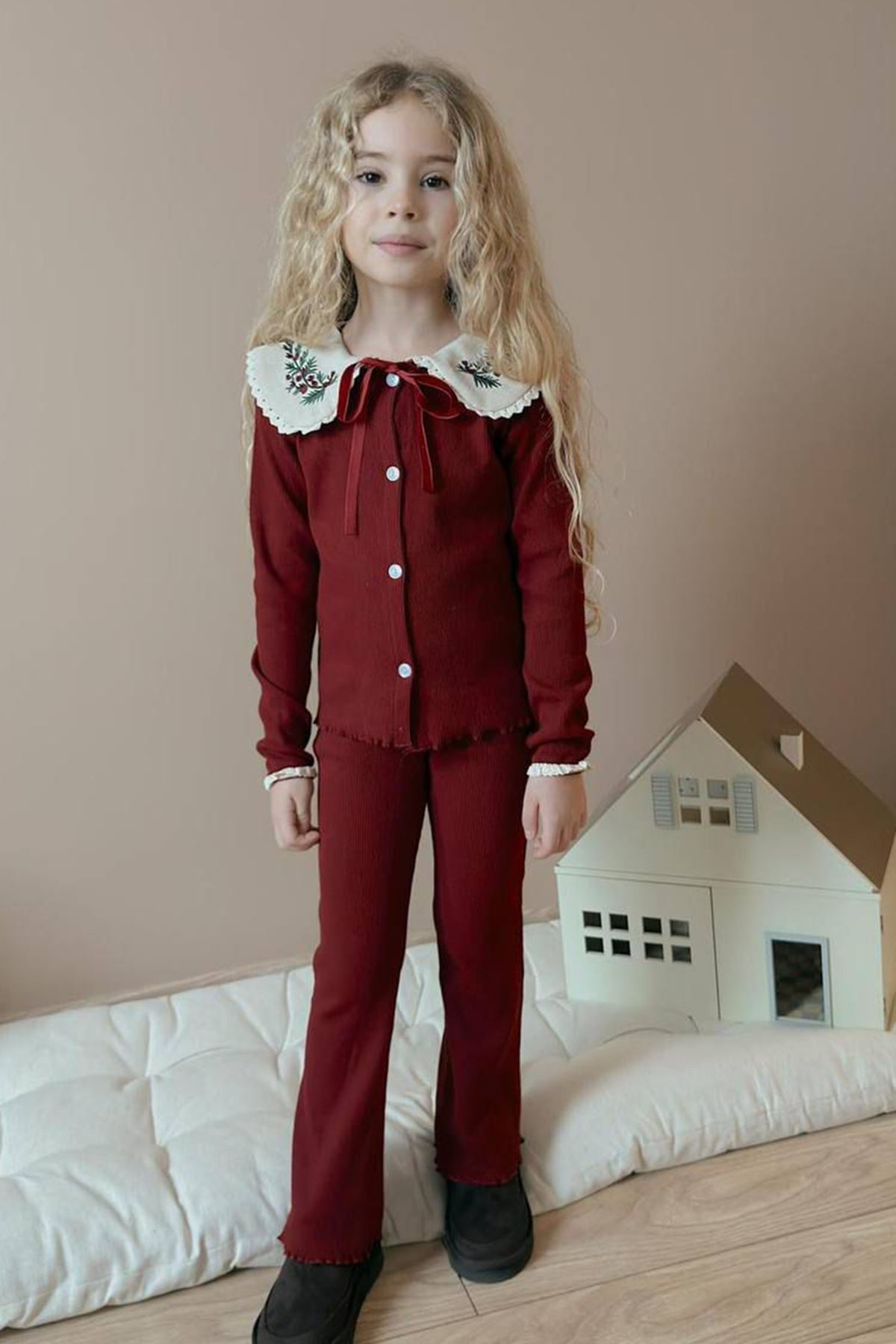 Miniğimin Cicileri Yaka İşleme Detaylı Esnek 2 li Kız Çocuk Takım - Bordo