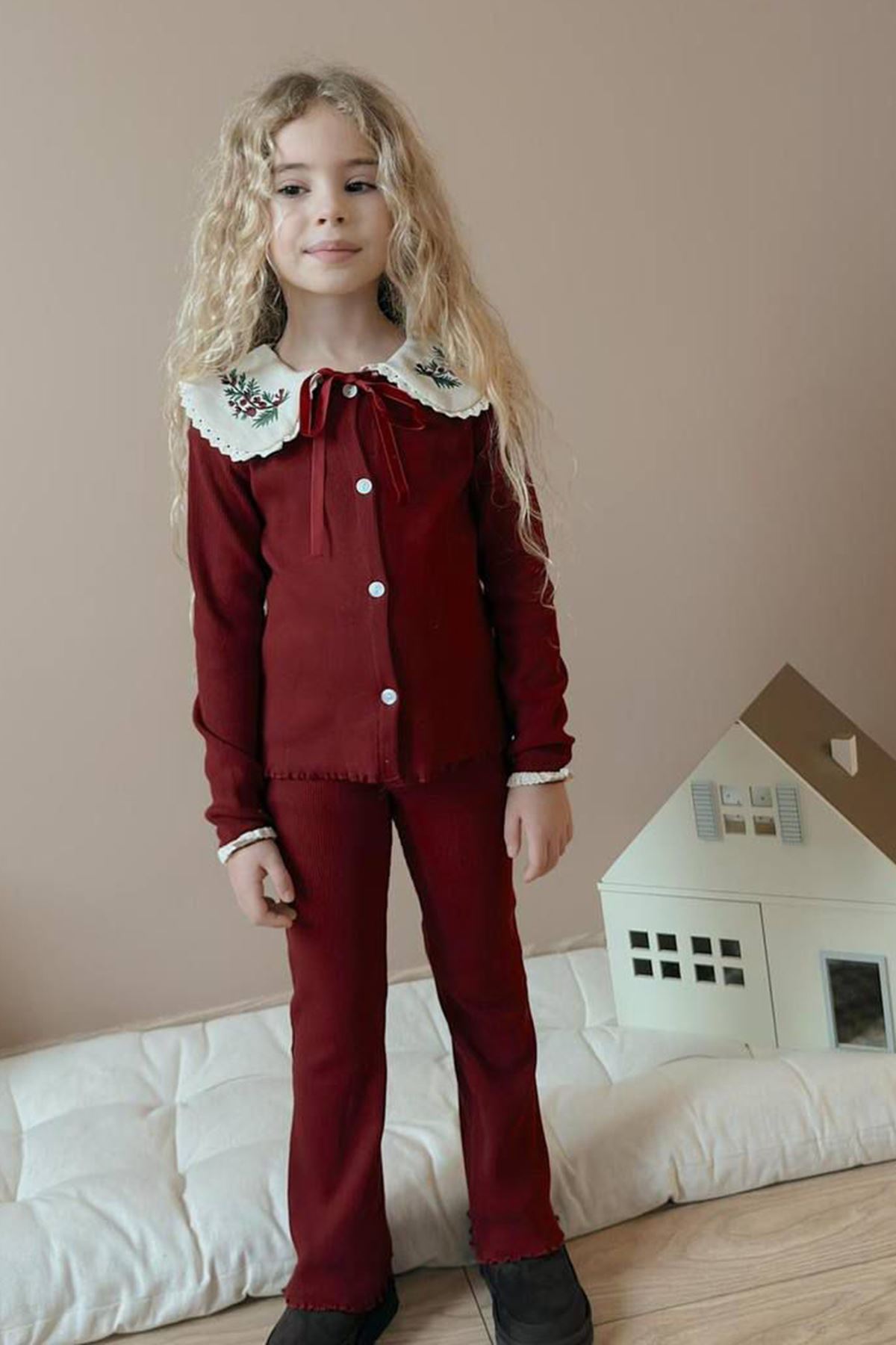 Miniğimin Cicileri Yaka İşleme Detaylı Esnek 2 li Kız Çocuk Takım - Bordo