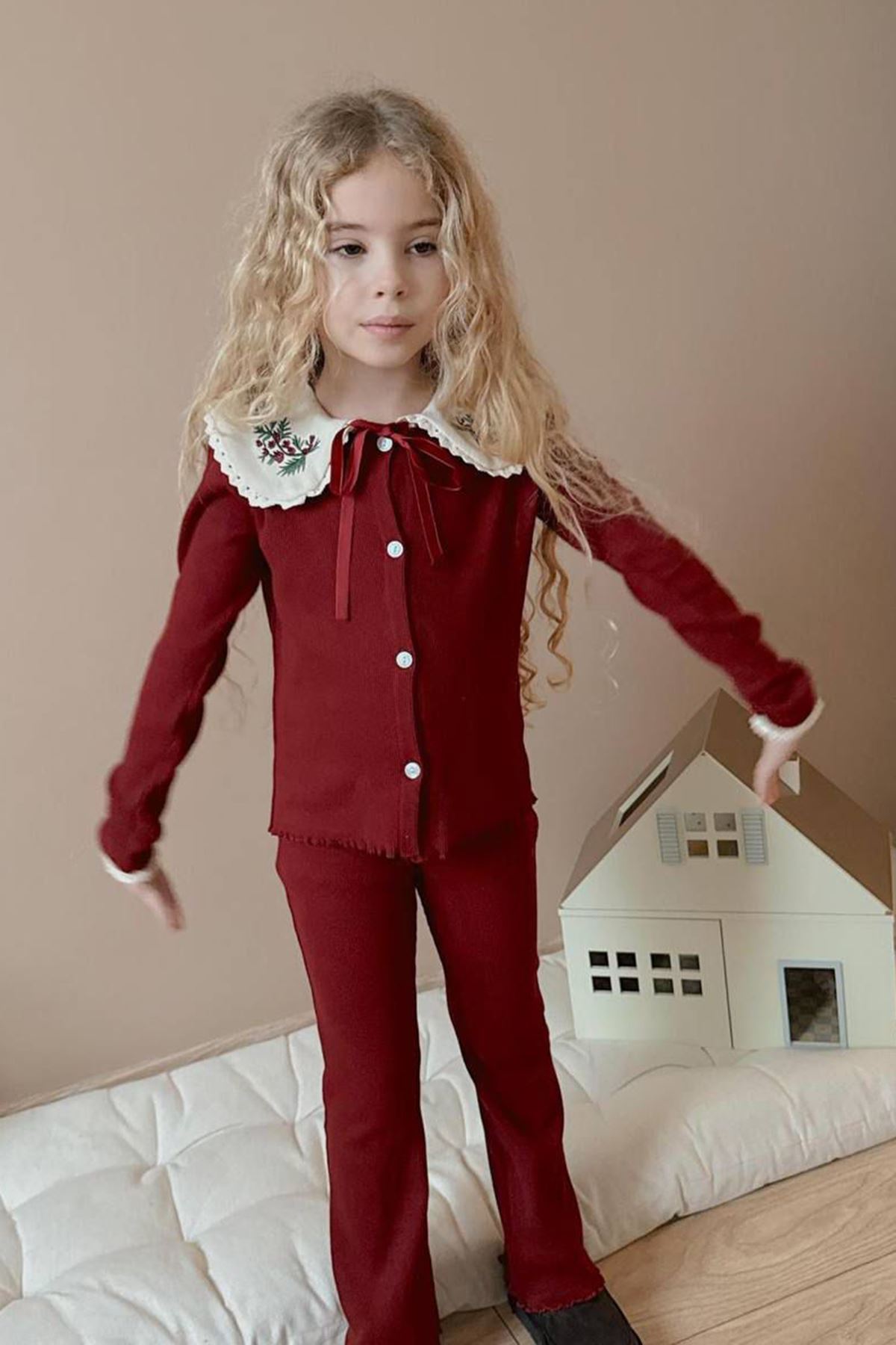 Miniğimin Cicileri Yaka İşleme Detaylı Esnek 2 li Kız Çocuk Takım - Bordo