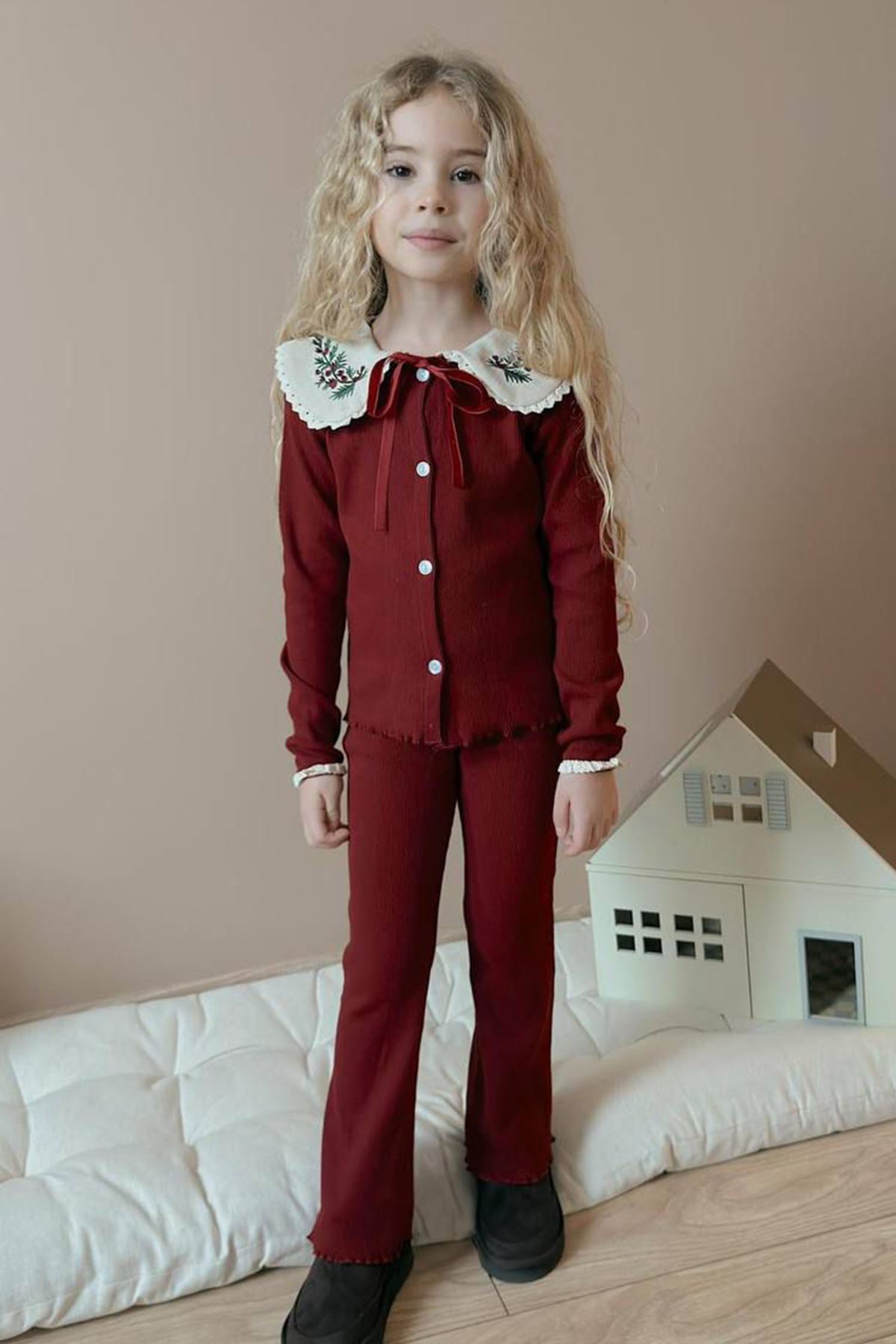 Miniğimin Cicileri Yaka İşleme Detaylı Esnek 2 li Kız Çocuk Takım - Bordo