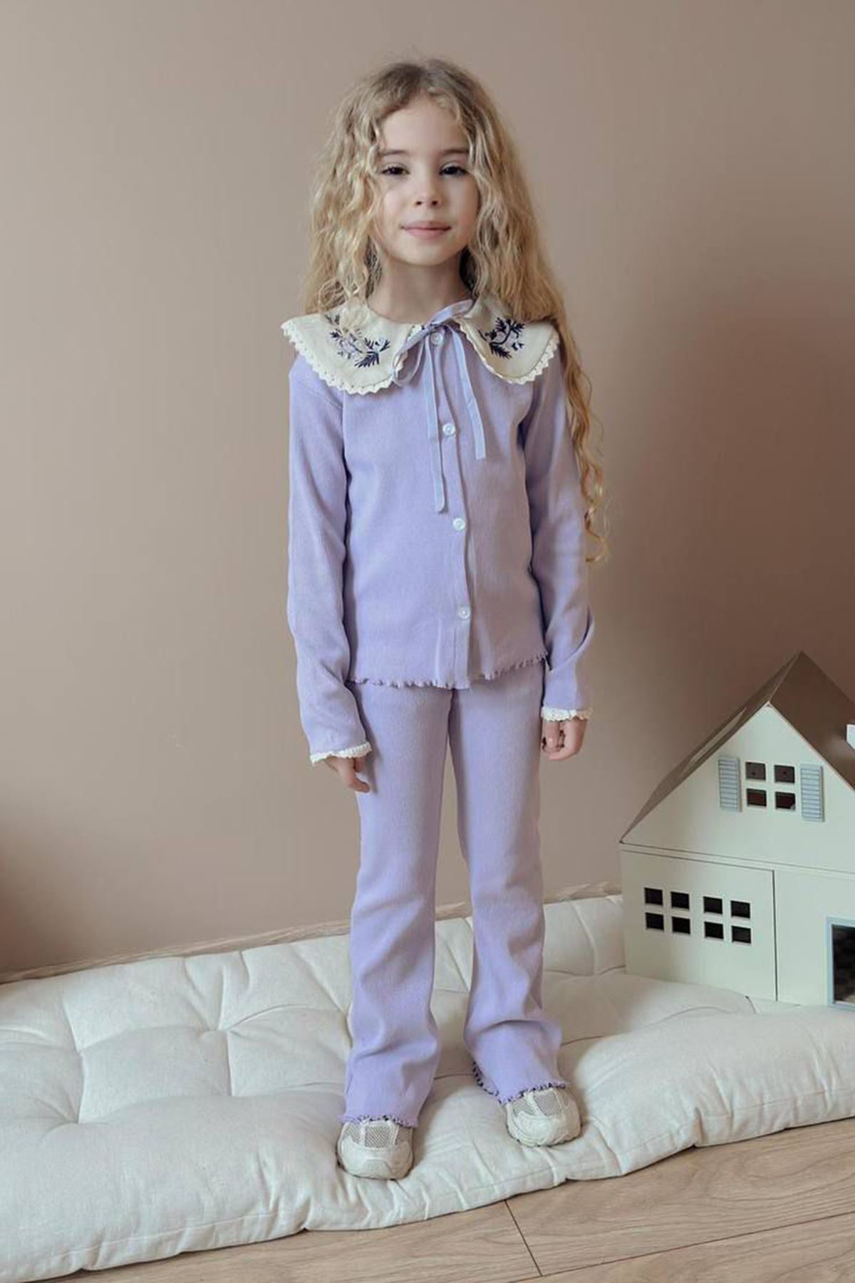 Miniğimin Cicileri Yaka İşleme Detaylı Esnek 2 li Kız Çocuk Takım - Lila