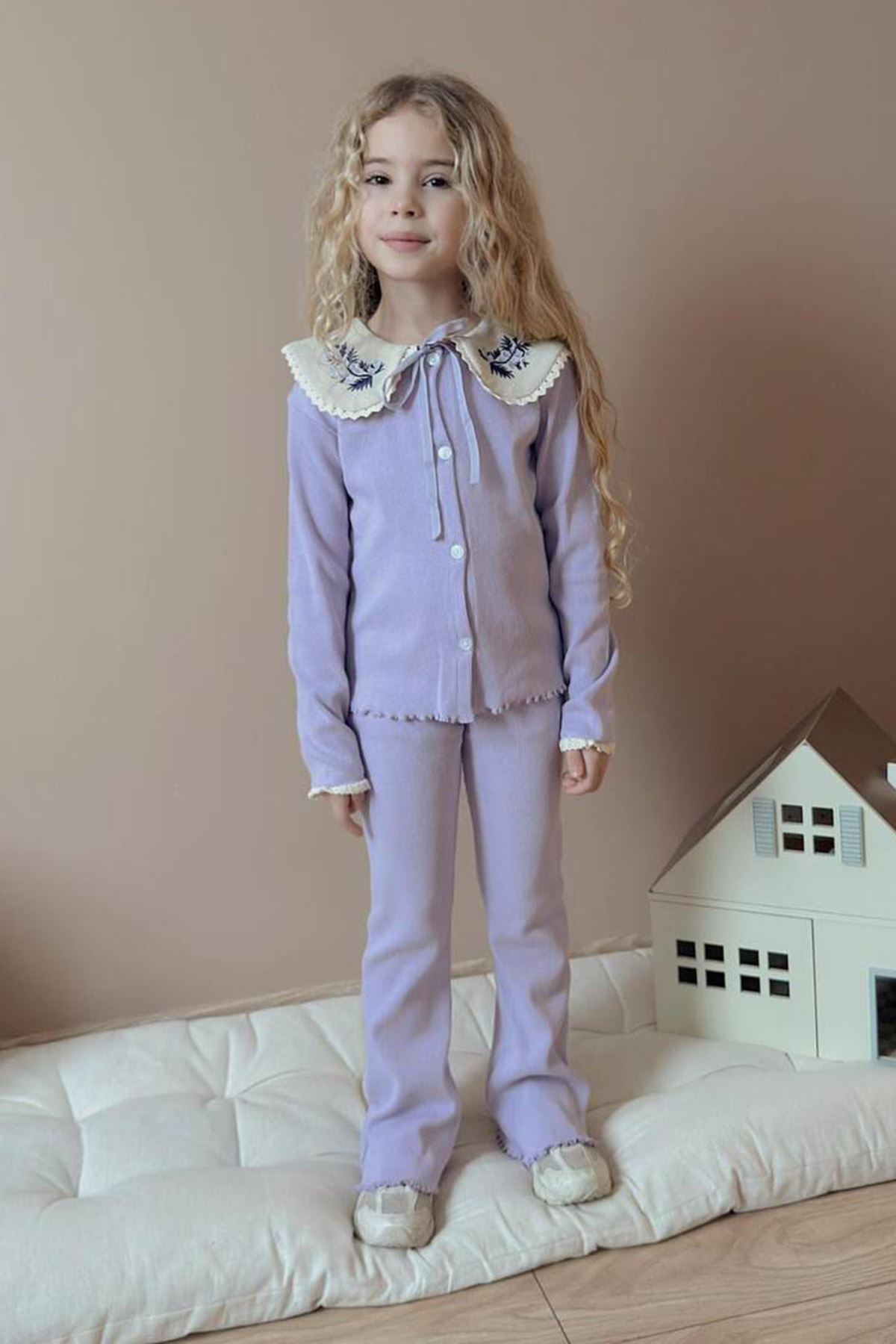 Miniğimin Cicileri Yaka İşleme Detaylı Esnek 2 li Kız Çocuk Takım - Lila