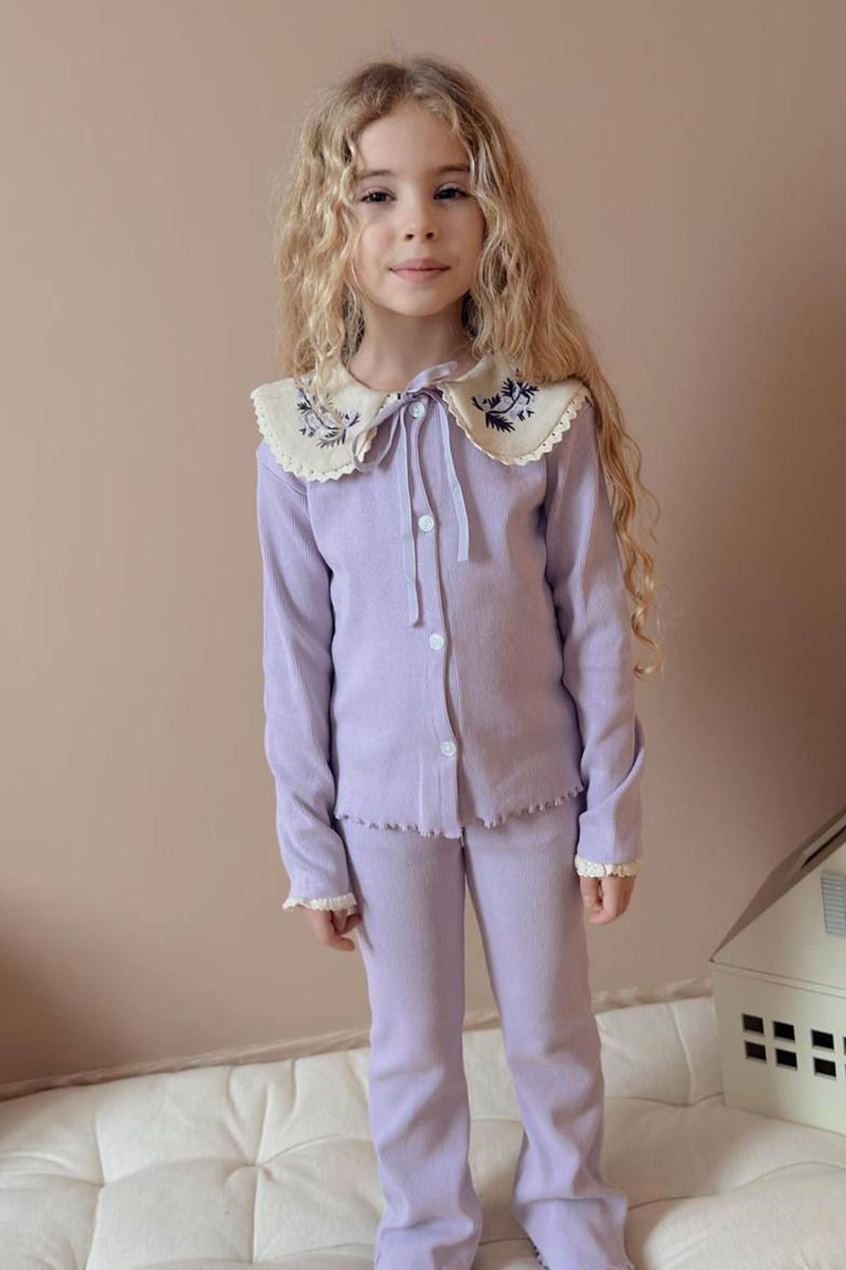 Miniğimin Cicileri Yaka İşleme Detaylı Esnek 2 li Kız Çocuk Takım - Lila