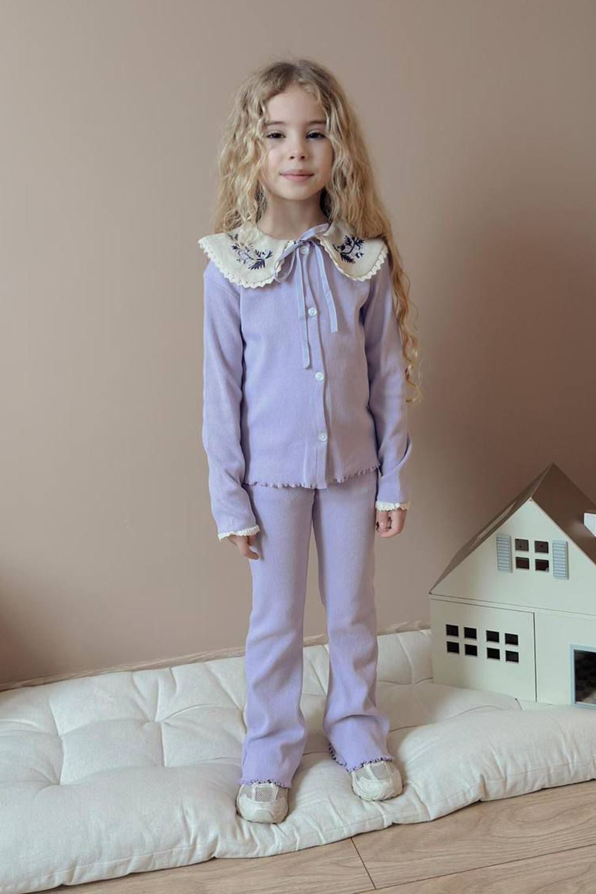 Miniğimin Cicileri Yaka İşleme Detaylı Esnek 2 li Kız Çocuk Takım - Lila