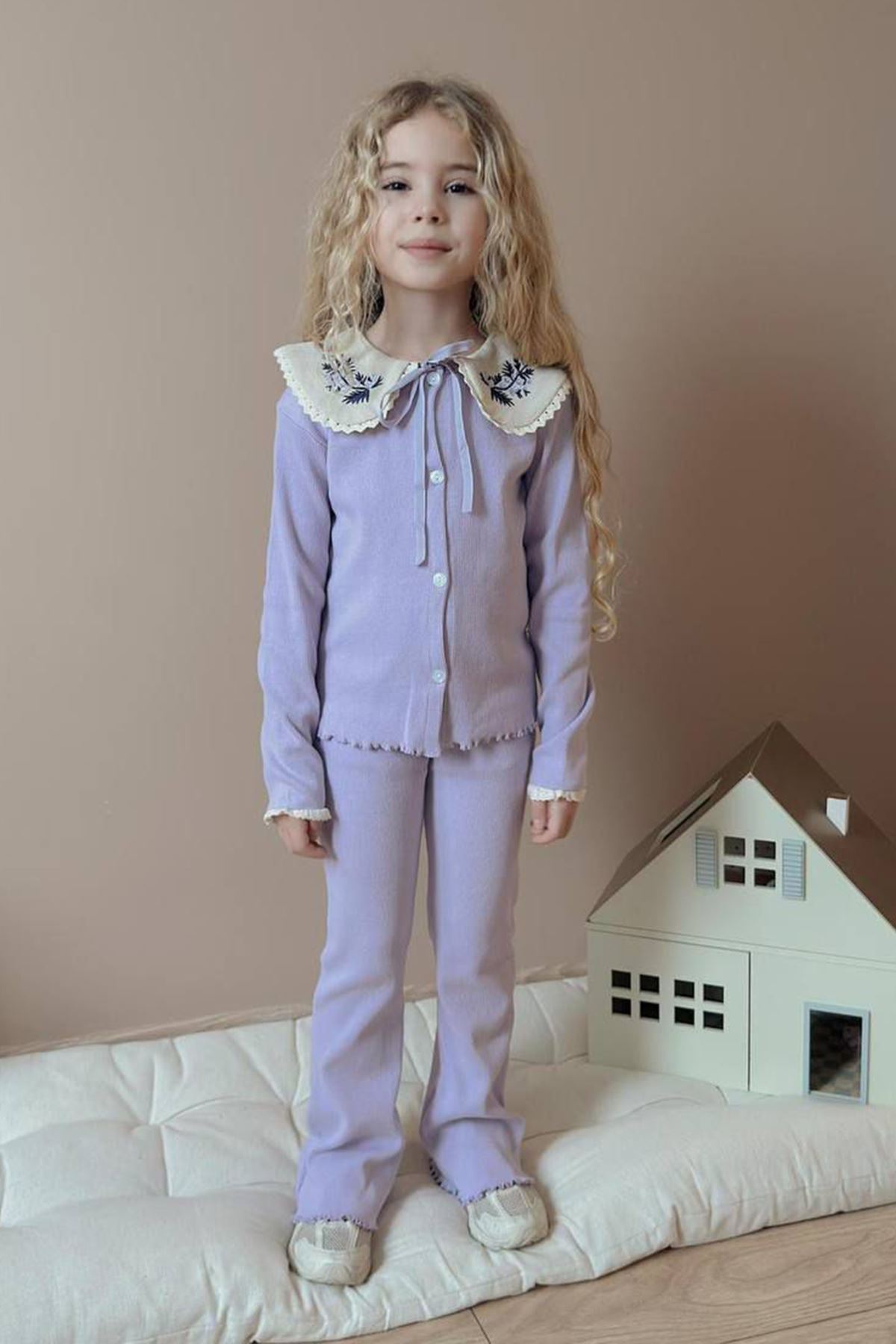 Miniğimin Cicileri Yaka İşleme Detaylı Esnek 2 li Kız Çocuk Takım - Lila