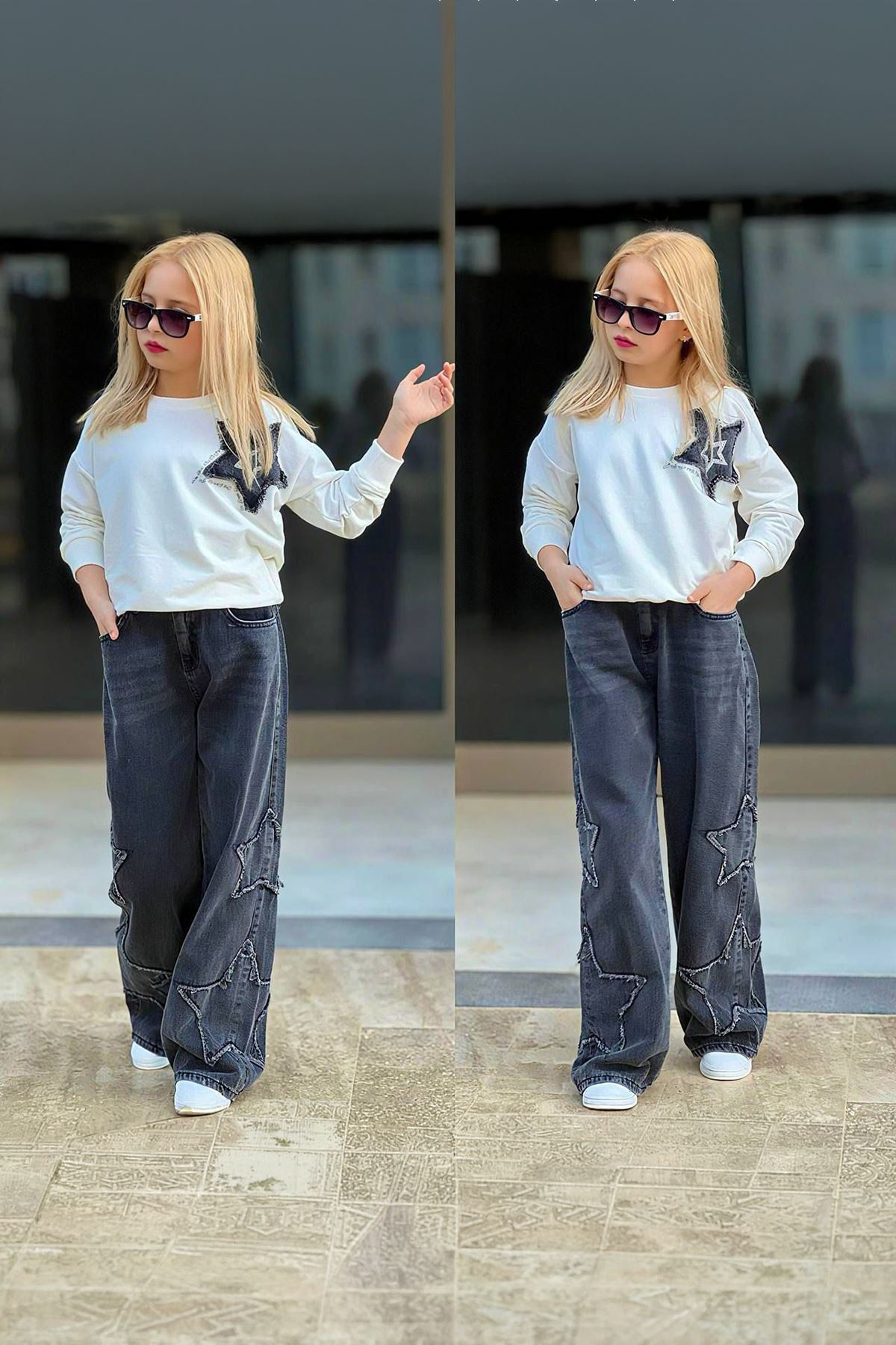 Miniğimin Cicileri Yıldız Detaylı Pul İşlemeli  Kot Pantolonlu Kız Çocuk 2 li Takım - Gri