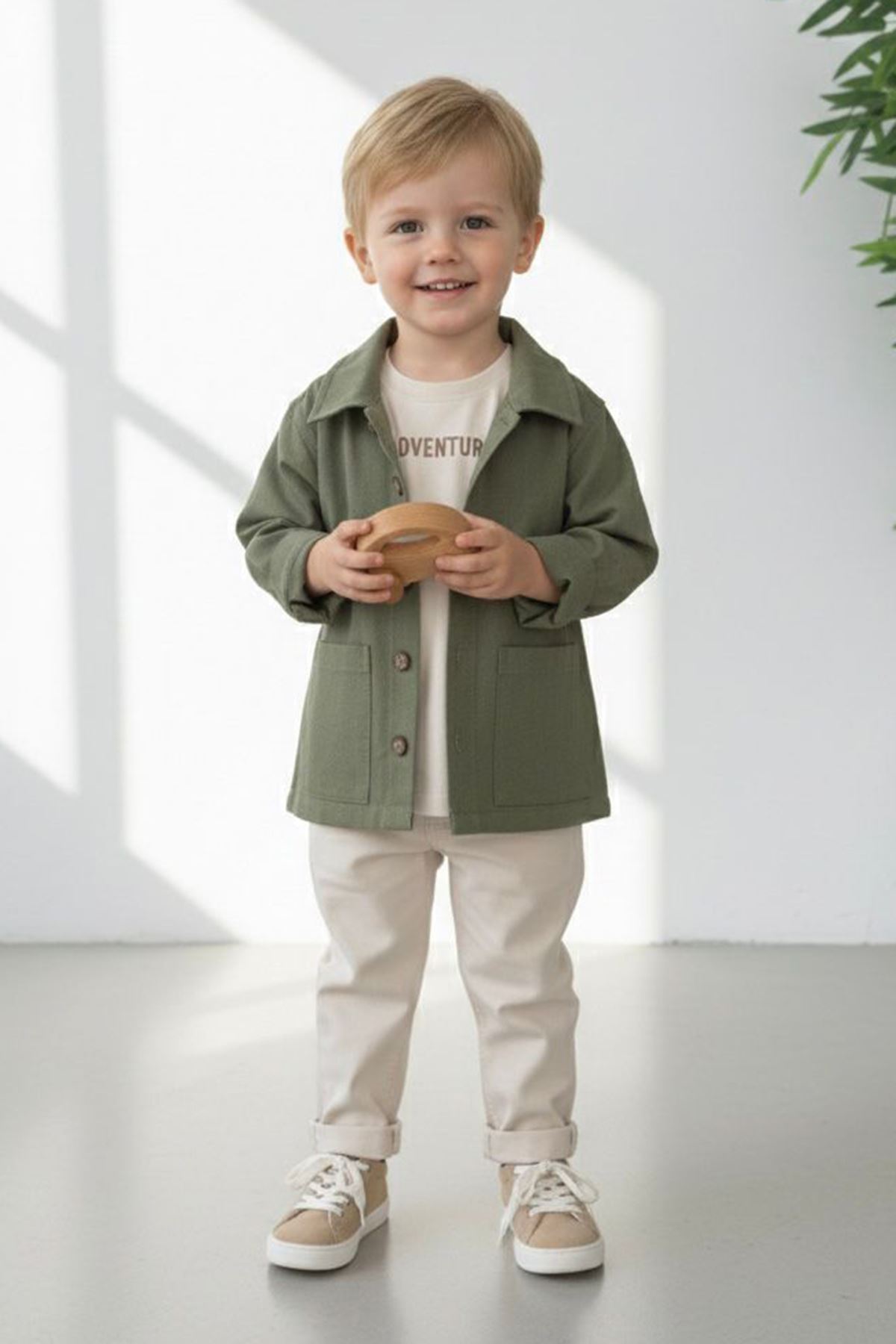 Miniğimin Cicileri Adventure Baskılı Keten Gömlekli Erkek Çocuk 3 lü Takım - Haki