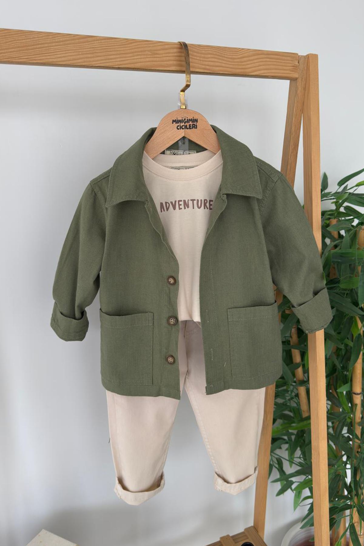 Miniğimin Cicileri Adventure Baskılı Keten Gömlekli Erkek Çocuk 3 lü Takım - Haki