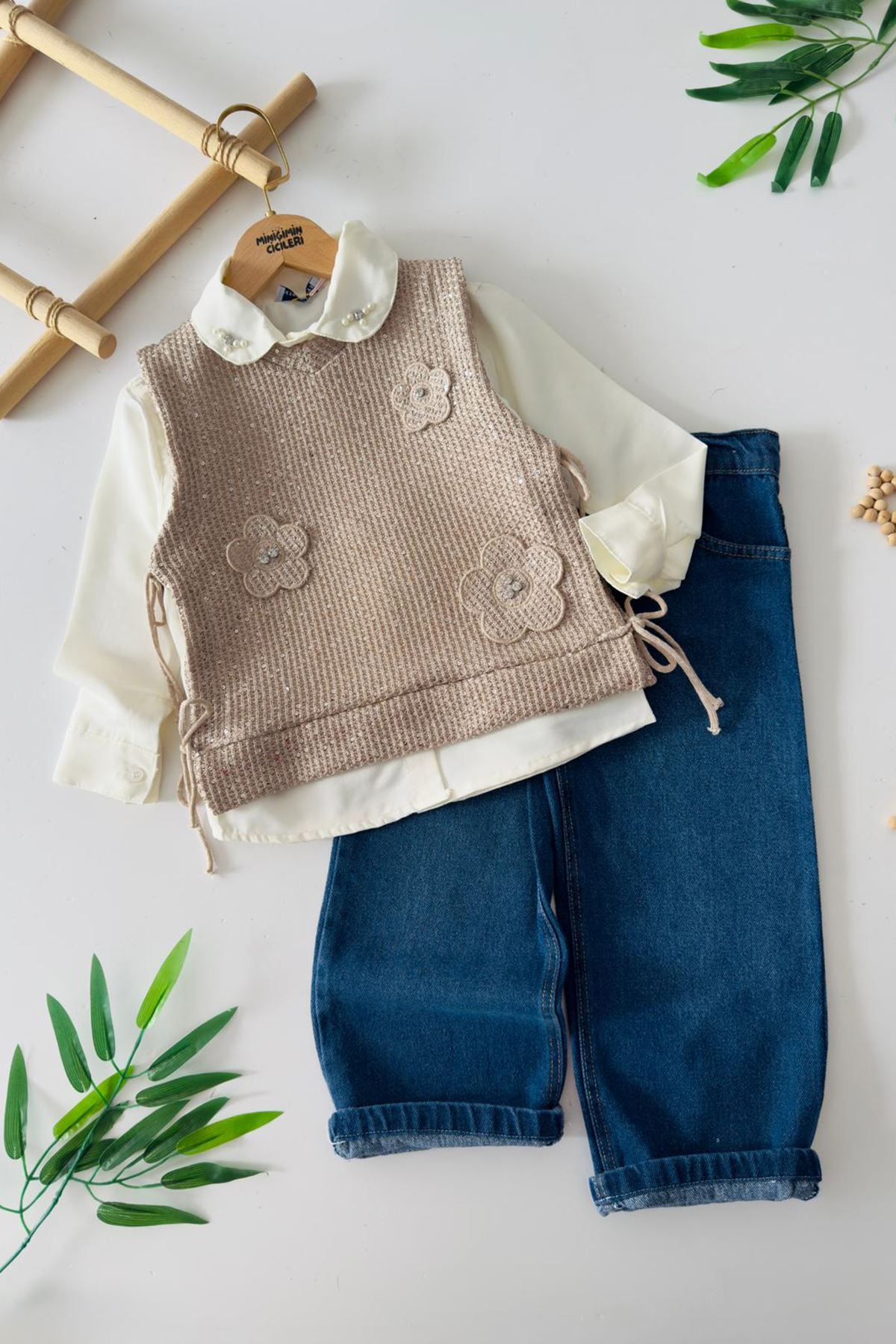 Miniğimin Cicileri Papatya Aplikeli Triko Pullu Süveterli Kız Çocuk 3’lü Takım - Vizon
