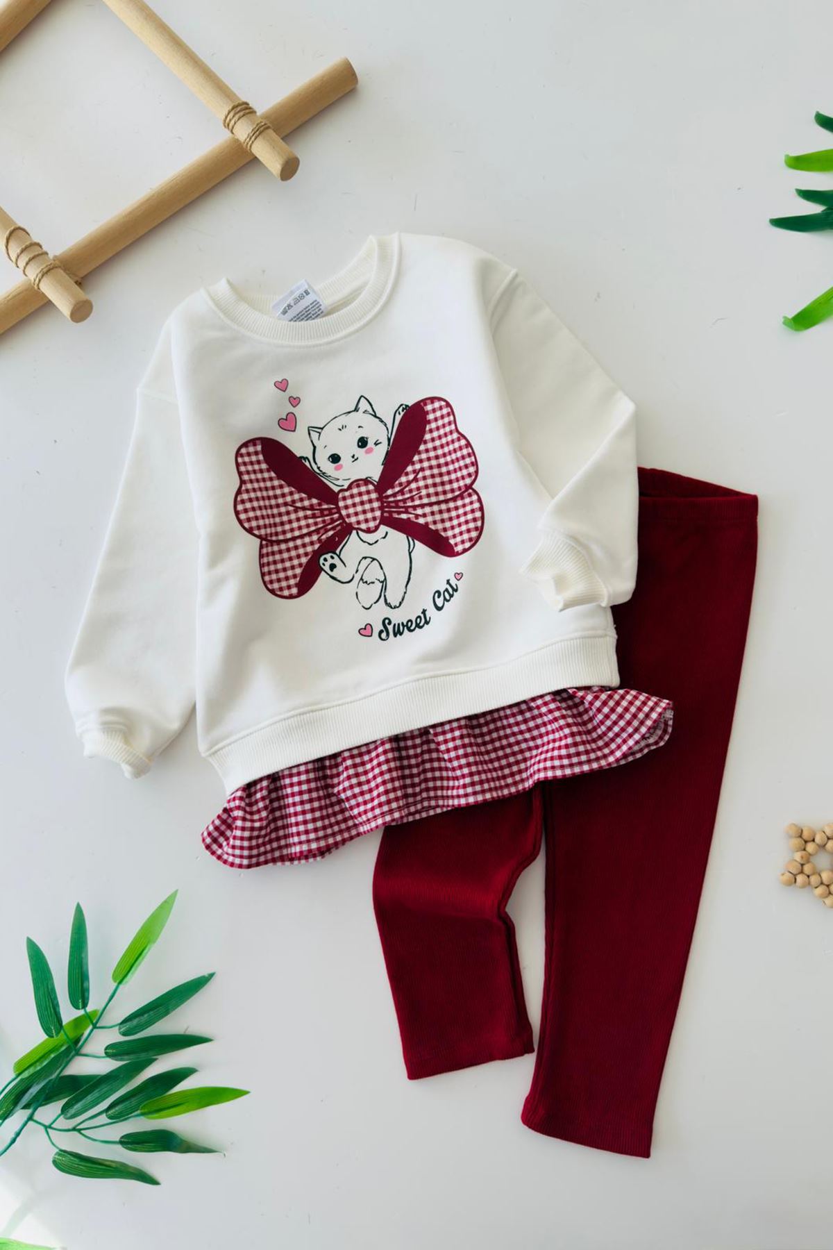 Miniğimin Cicileri Kedicik Baskı Pötikare Detaylı Kız Çocuk 2 li Takım - Bordo