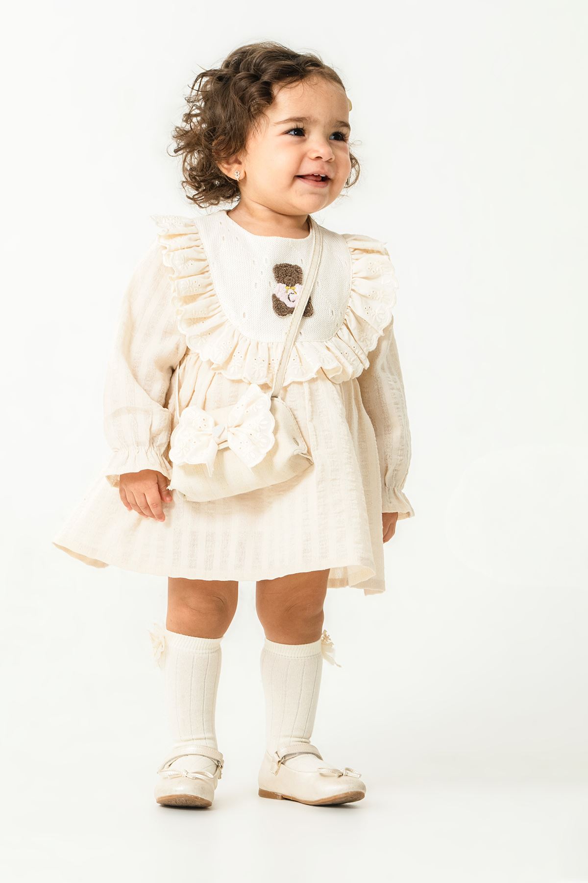 Miniğimin Cicileri Bear Nakışlı Fırfırlı Prenses Elbise 2’li Kız Bebek Takımı - Bej