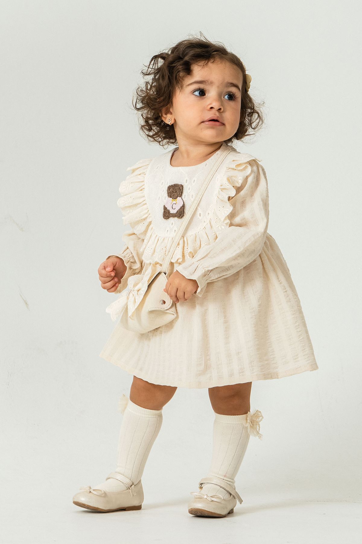 Miniğimin Cicileri Bear Nakışlı Fırfırlı Prenses Elbise 2’li Kız Bebek Takımı - Bej