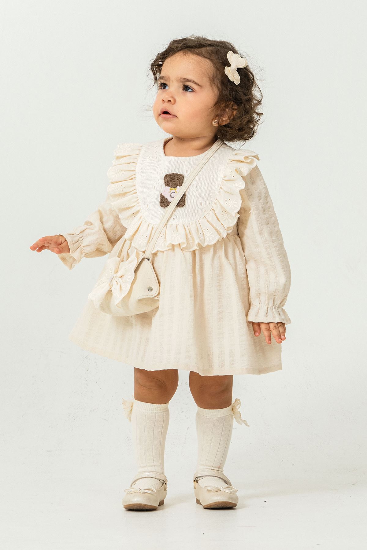 Miniğimin Cicileri Bear Nakışlı Fırfırlı Prenses Elbise 2’li Kız Bebek Takımı - Bej