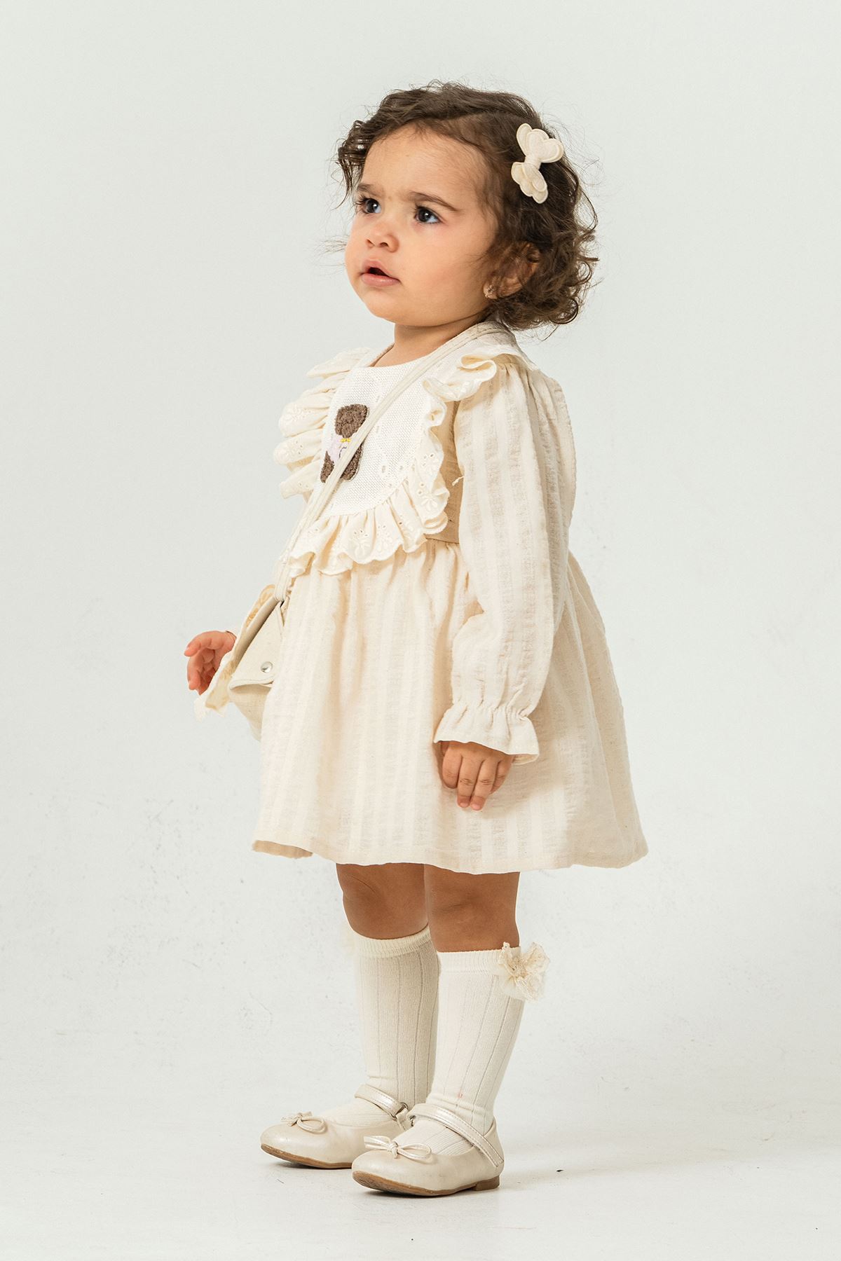 Miniğimin Cicileri Bear Nakışlı Fırfırlı Prenses Elbise 2’li Kız Bebek Takımı - Bej