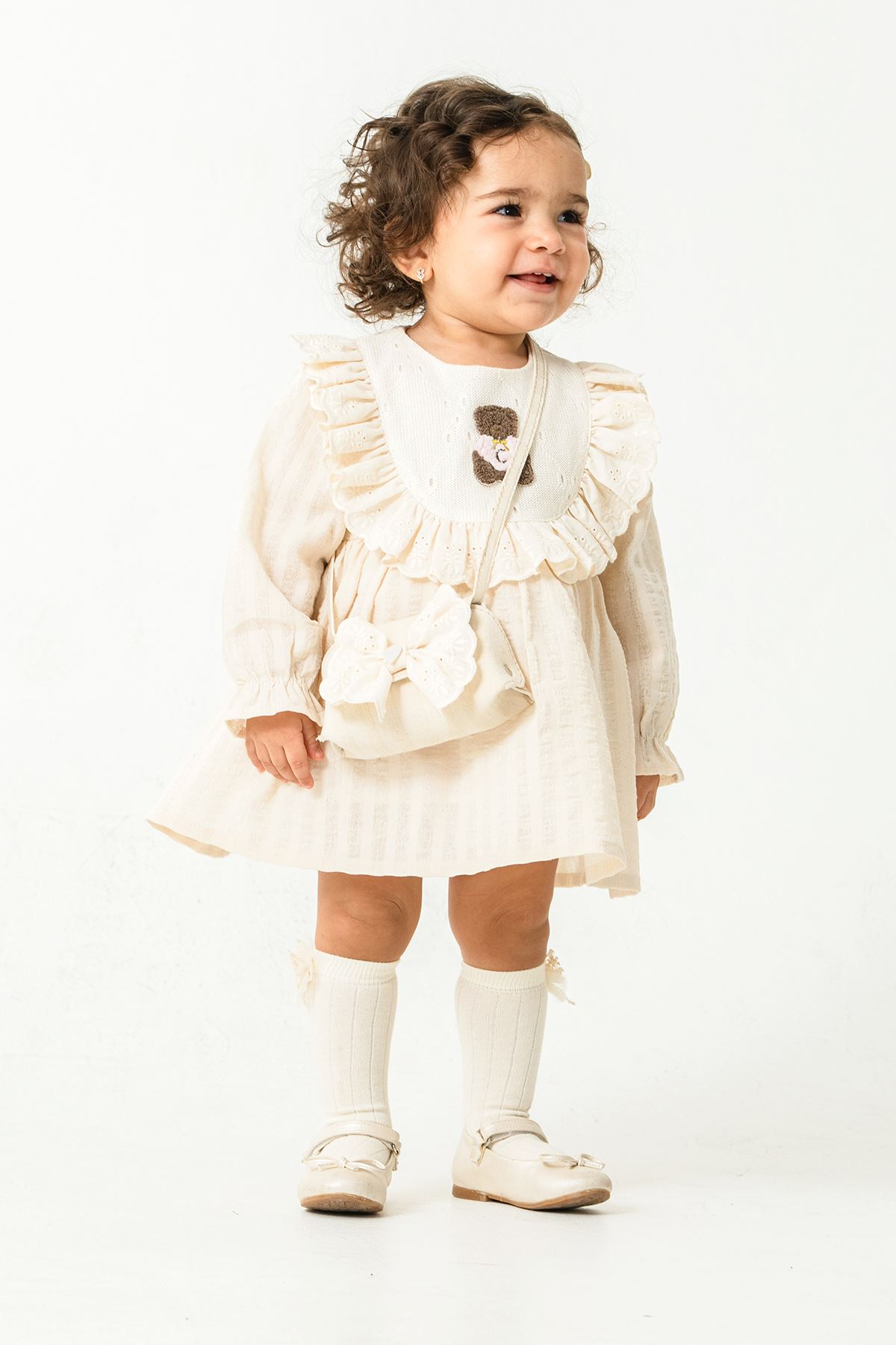 Miniğimin Cicileri Bear Nakışlı Fırfırlı Prenses Elbise 2’li Kız Bebek Takımı - Bej