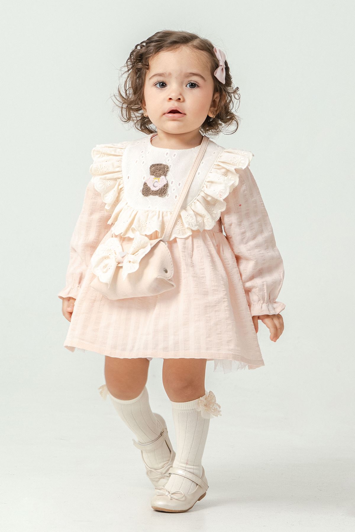 Miniğimin Cicileri Bear Nakışlı Fırfırlı Prenses Elbise 2’li Kız Bebek Takımı - Somon
