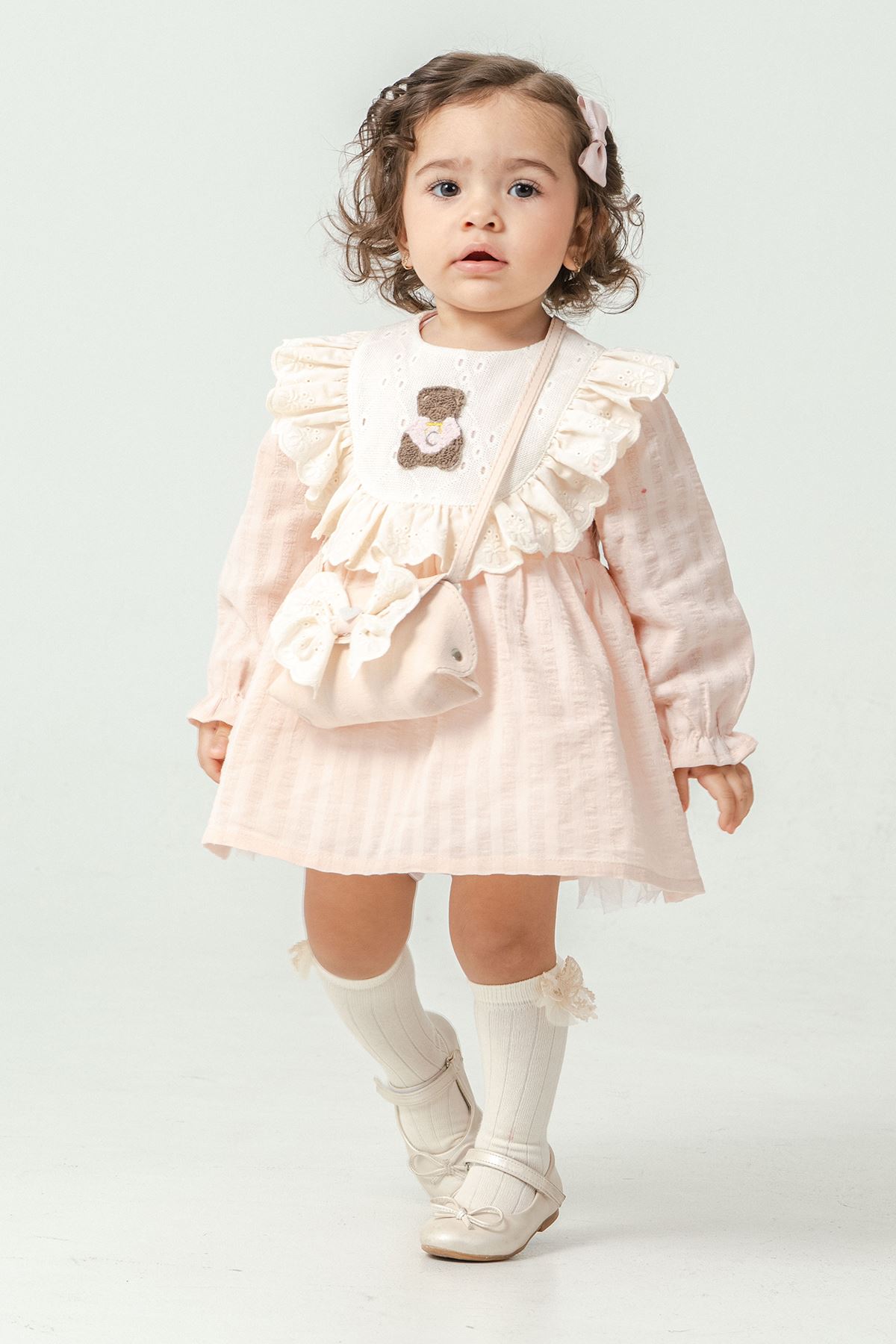 Miniğimin Cicileri Bear Nakışlı Fırfırlı Prenses Elbise 2’li Kız Bebek Takımı - Somon