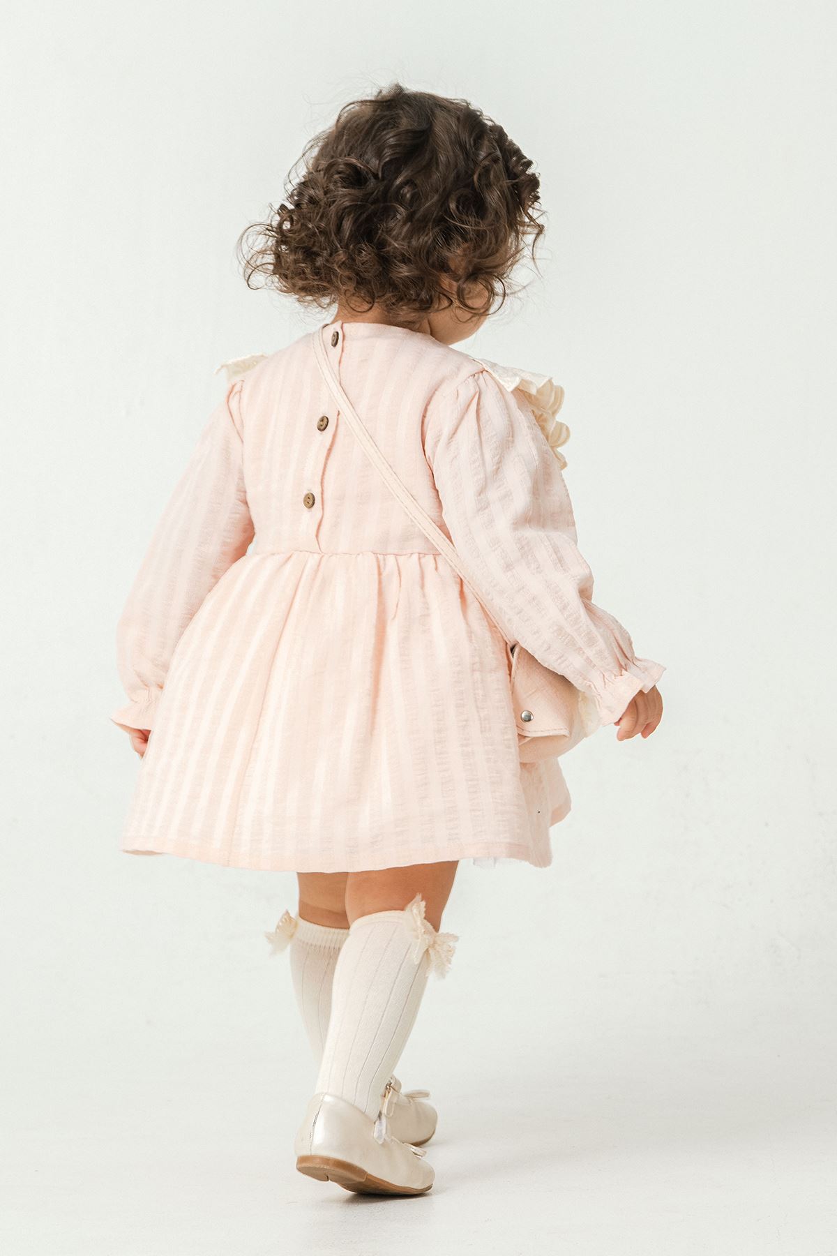 Miniğimin Cicileri Bear Nakışlı Fırfırlı Prenses Elbise 2’li Kız Bebek Takımı - Somon