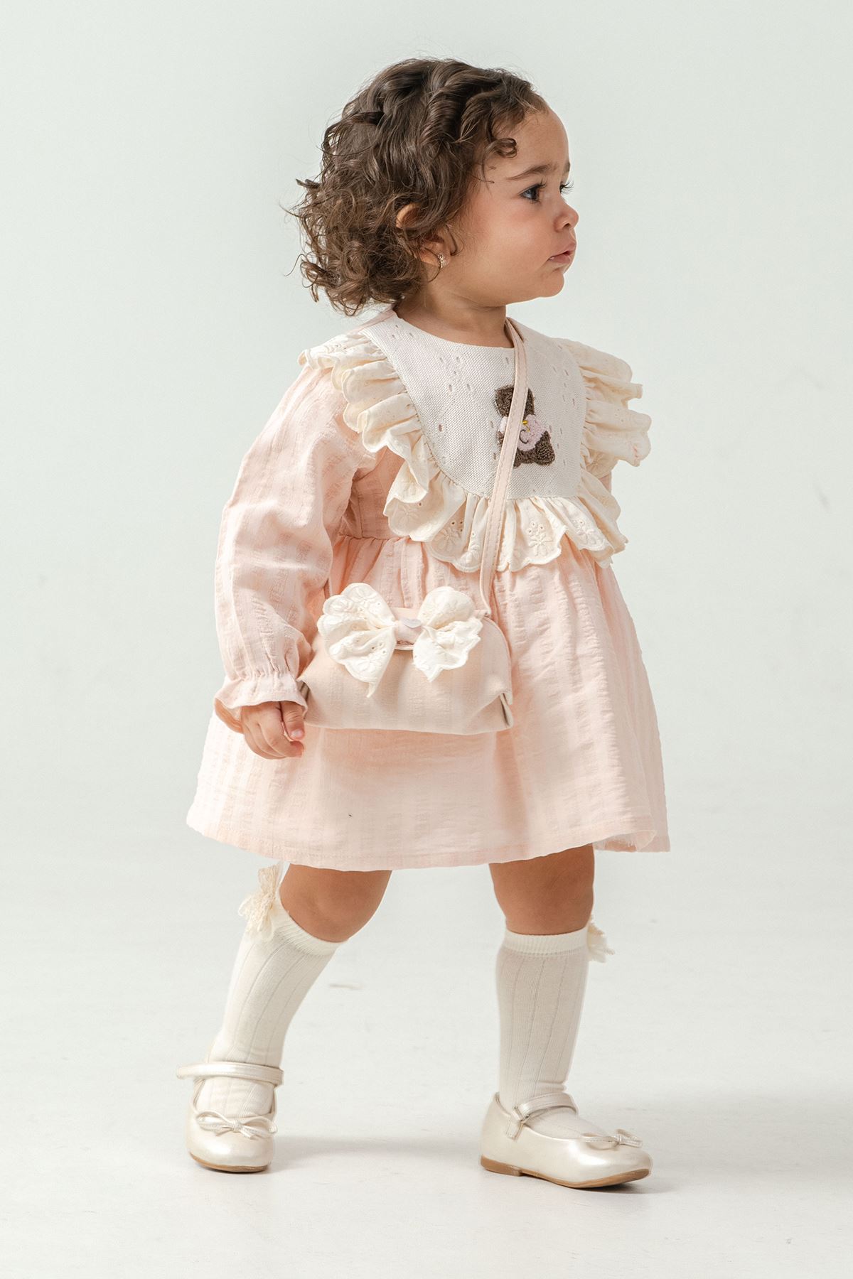 Miniğimin Cicileri Bear Nakışlı Fırfırlı Prenses Elbise 2’li Kız Bebek Takımı - Somon