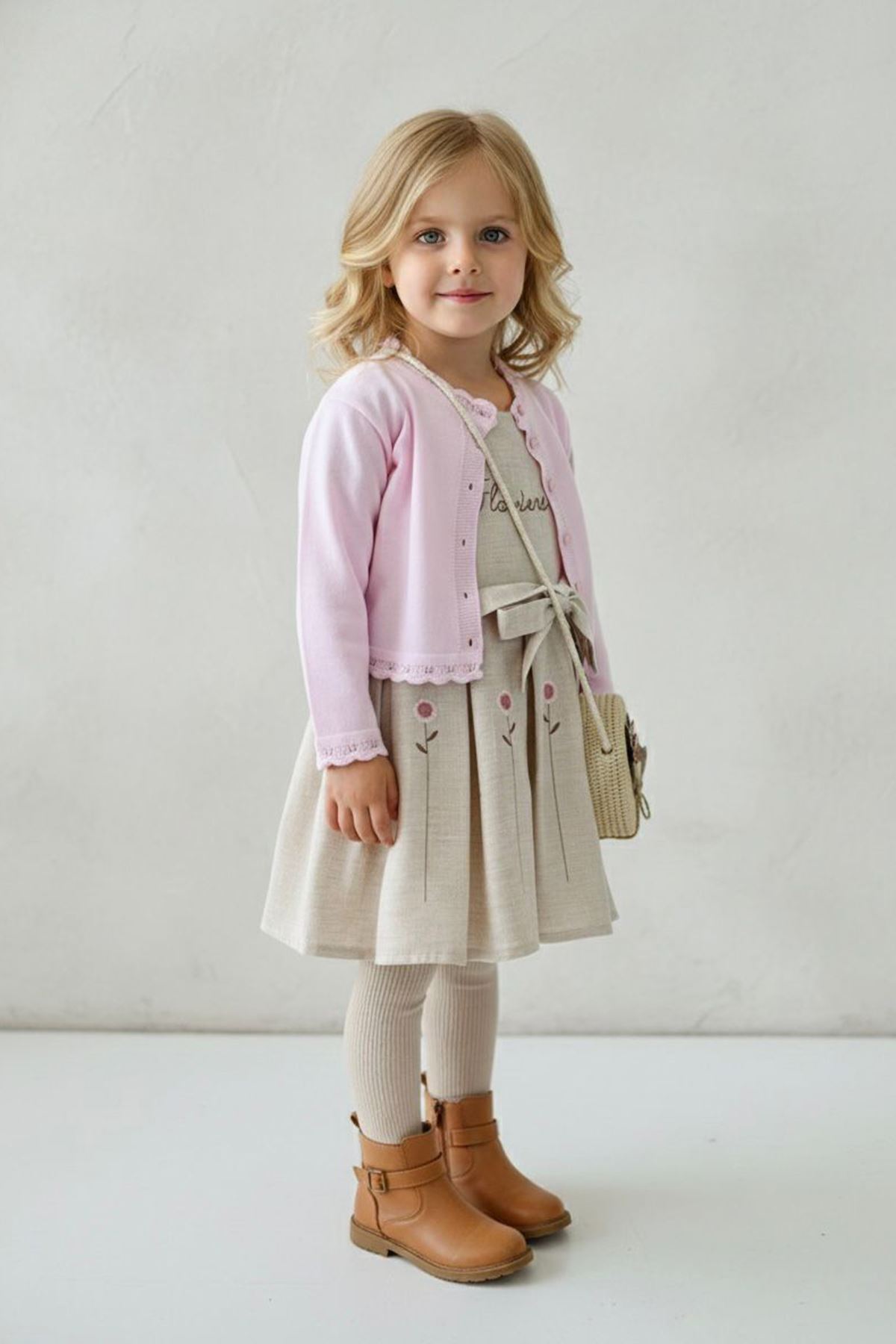 Miniğimin Cicileri Papatya İşleme Detaylı Elbise Hırka ve Çanta Kız Çocuk Kombin - Şeker Pembe