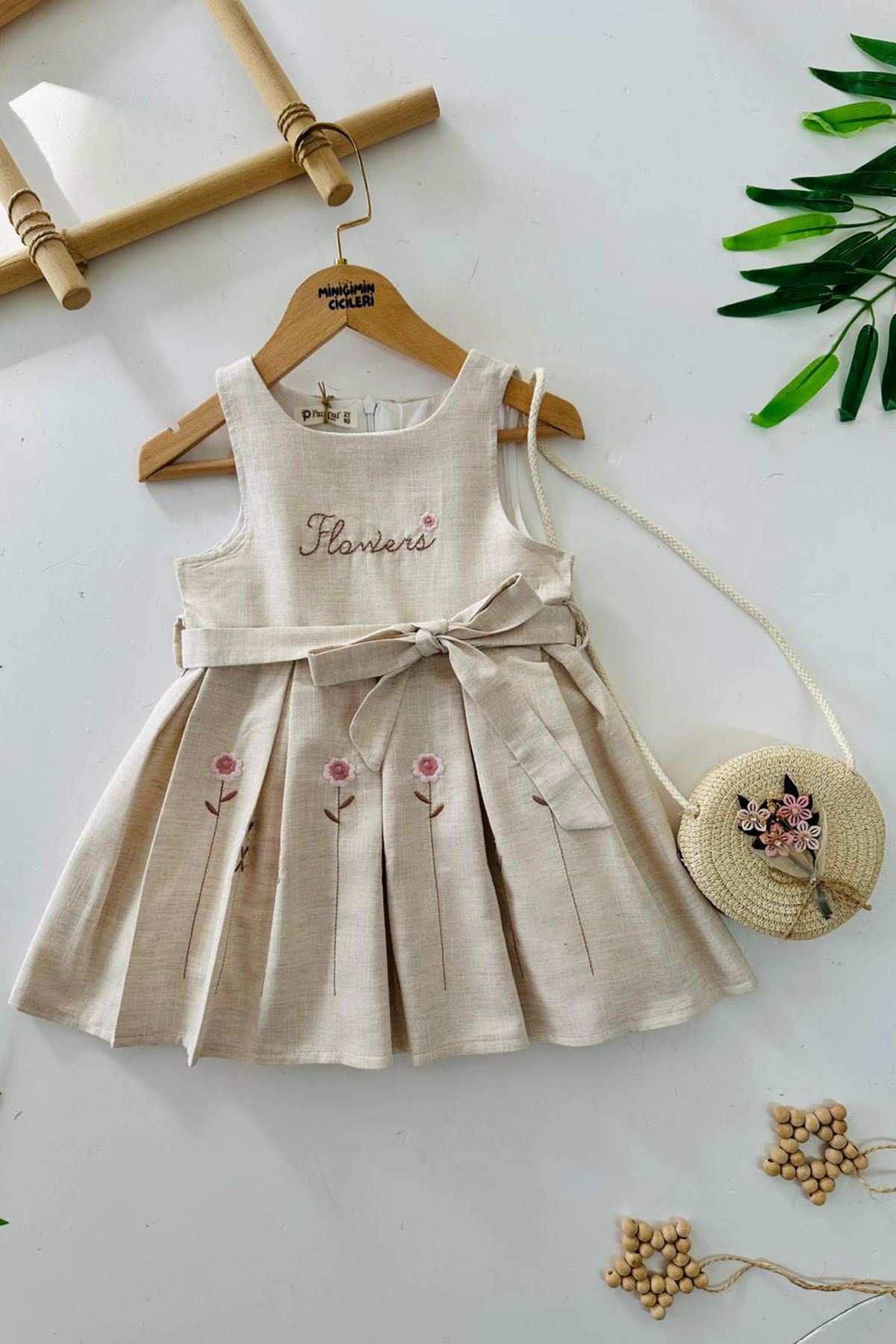 Miniğimin Cicileri Papatya İşleme Detaylı Elbise Hırka ve Çanta Kız Çocuk Kombin - Şeker Pembe