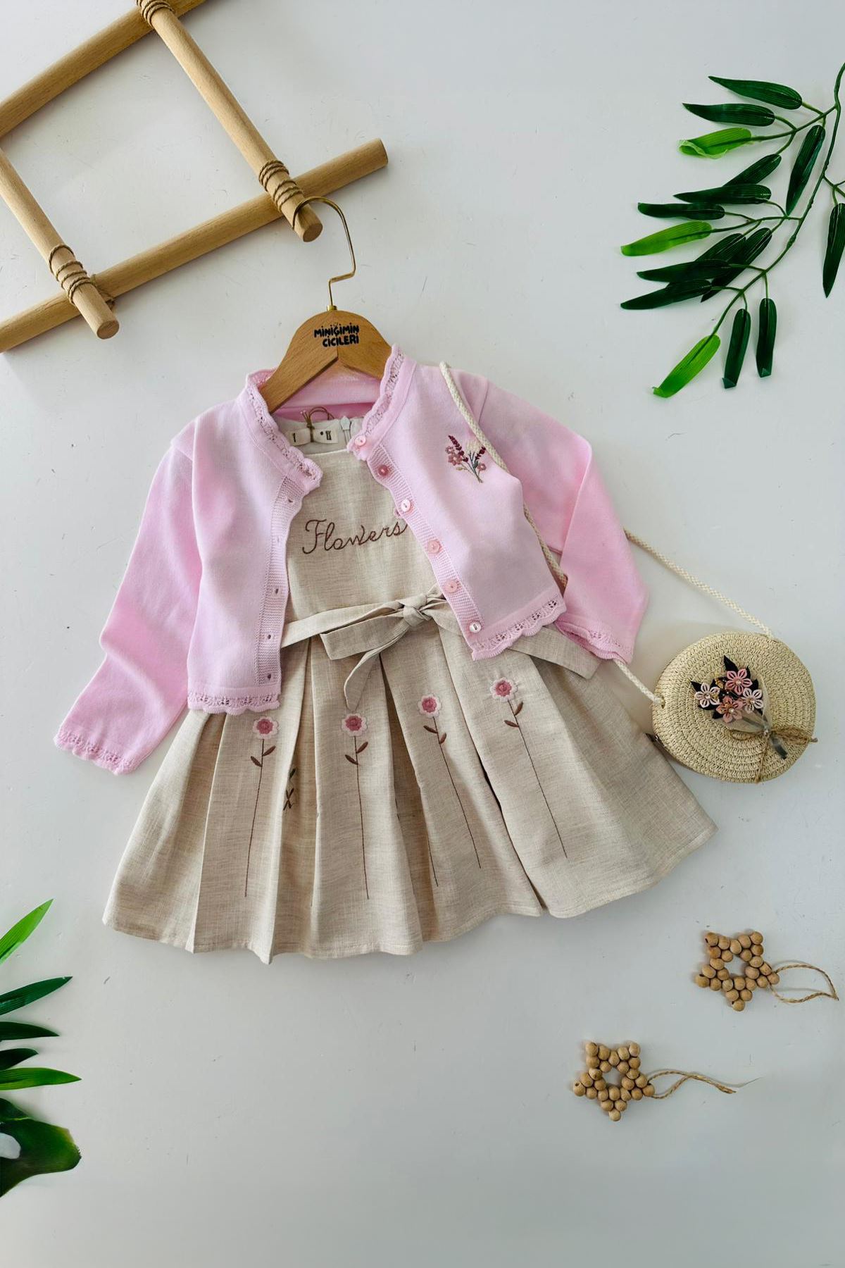 Miniğimin Cicileri Papatya İşleme Detaylı Elbise Hırka ve Çanta Kız Çocuk Kombin - Şeker Pembe
