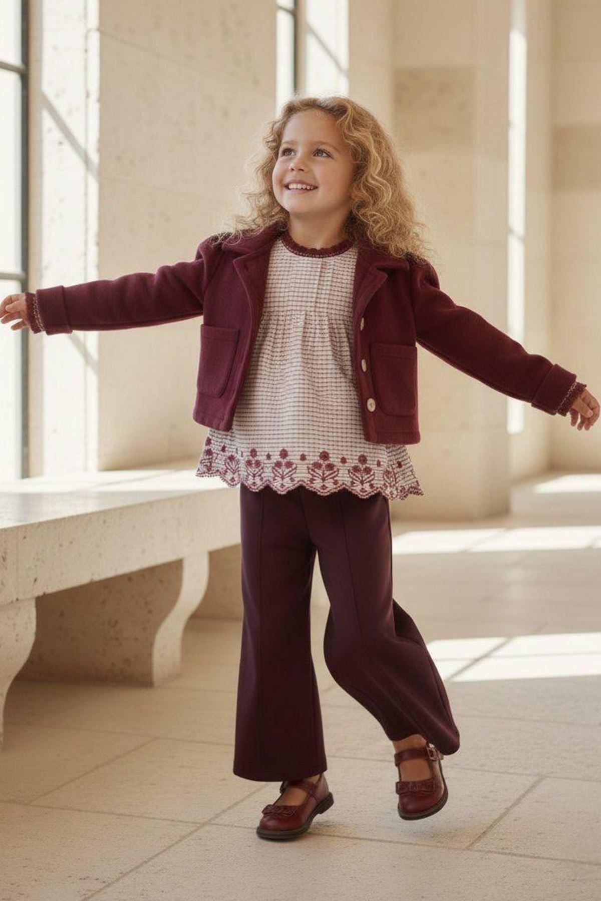 Miniğimin Cicileri  Kaşe Ceketli Lazer Nakışlı 3'lü Takım - Bordo