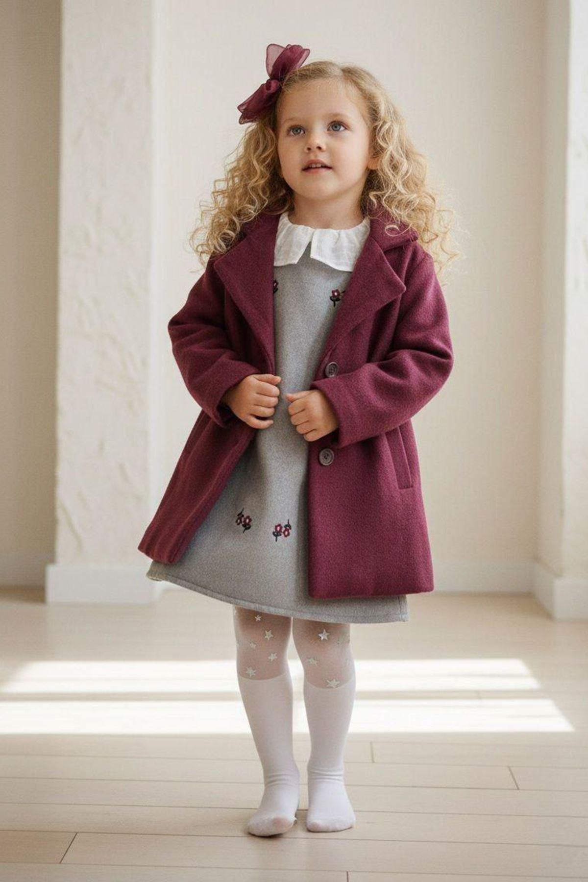 Miniğimin Cicileri  Kaşe Ceketli Çiçek İşleme Elbiseli 4 lü Takım - Bordo