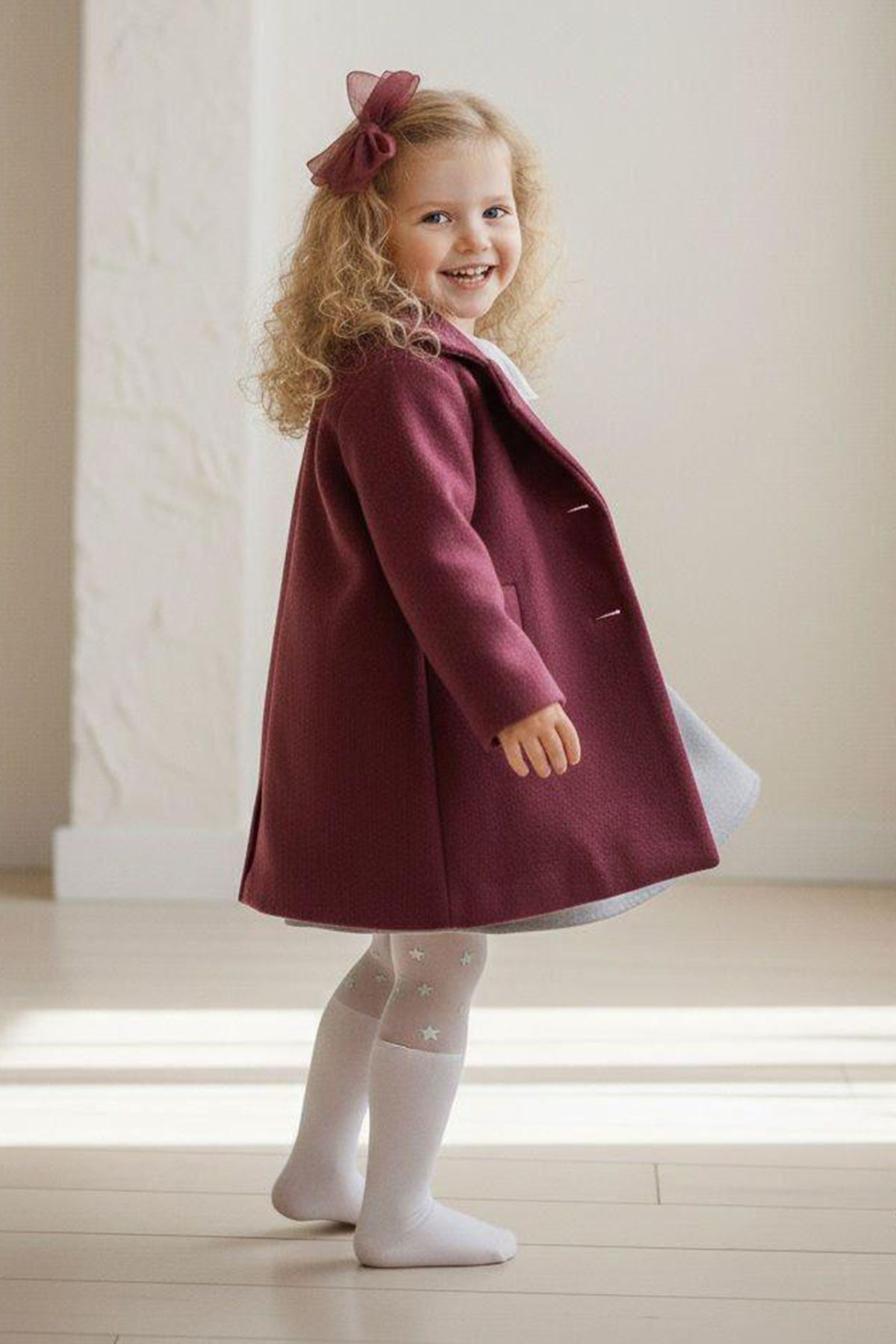 Miniğimin Cicileri  Kaşe Ceketli Çiçek İşleme Elbiseli 4 lü Takım - Bordo